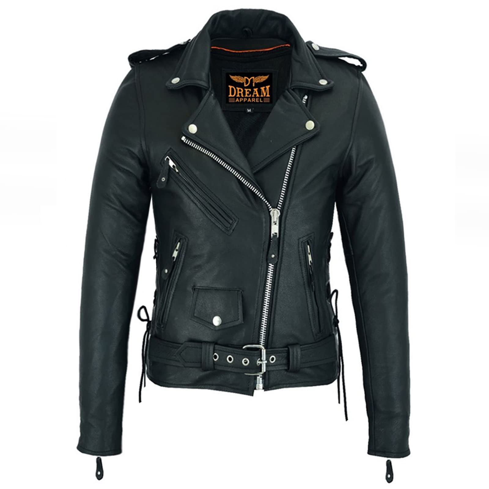 Dream Apparel Women's Classic Black Leather Motorcycle Jacket - Zip Out Lining & Adjustable Side Laces - Stylish Biker Jacket for Ladies | Perfect for Riding, Casual Wear & Outdoor Adventures