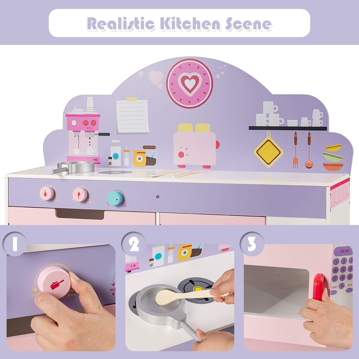 Costzon 2-in-1 Kids Play Kitchen & Wooden Pretend Cafe Set with Stove, Oven, Microwave & Storage - Interactive Cooking Toy for Toddlers & Preschoolers - Perfect for Role Play, Birthday Gifts & Indoor Pretend Play (Pink)
