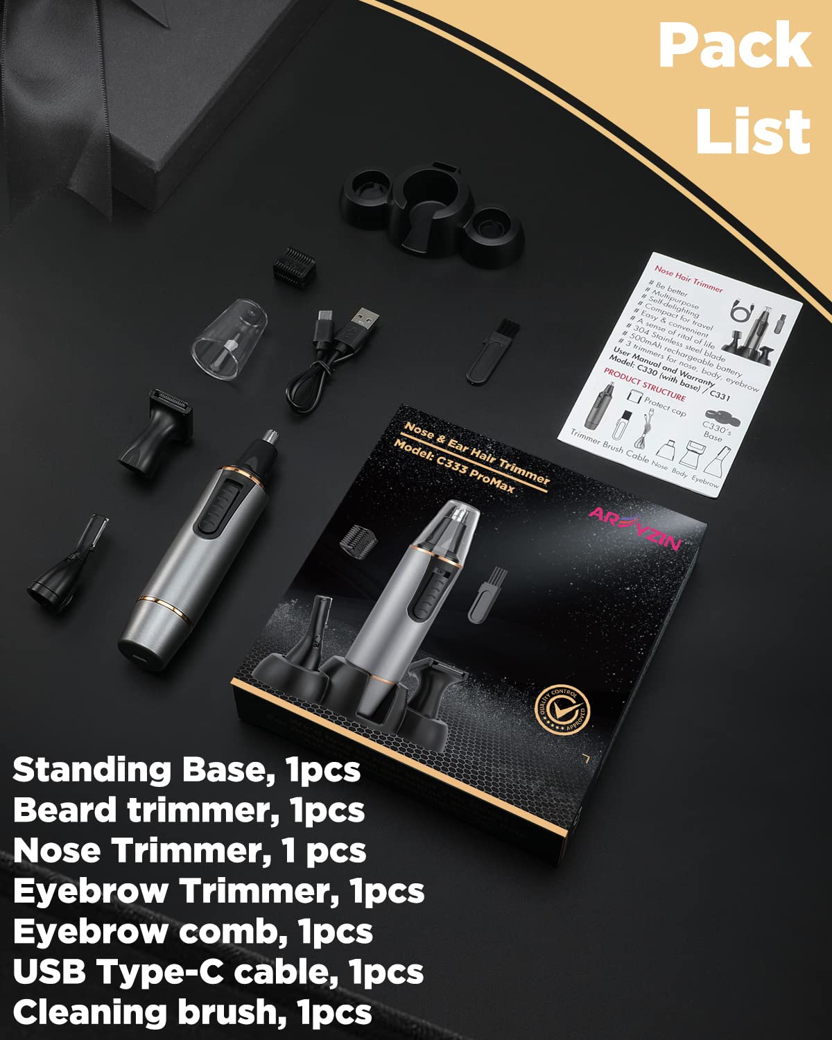 2024 Rechargeable Painless Nose Hair Trimmer for Men - Professional Dual Edge Blades with IPX7 Waterproof, Powerful Motor & Easy Cleaning (Grey Gold) - Perfect for Travel, Grooming Kits & Personal Care