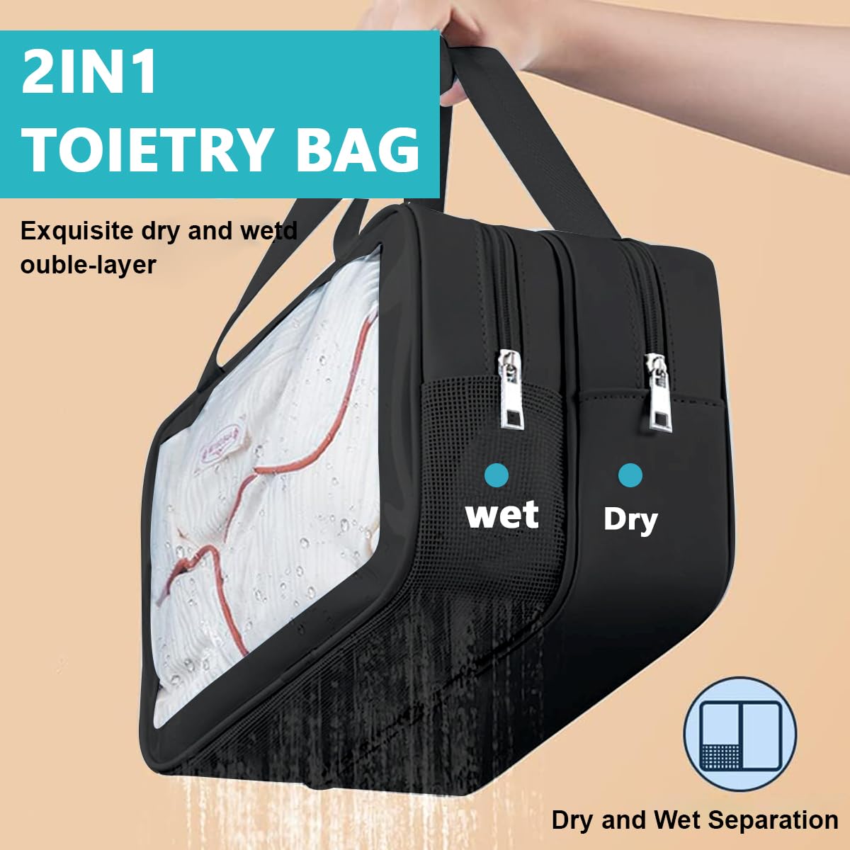 MAYCREATE® Large Clear Travel Toiletry Bag - 2-in-1 Waterproof Cosmetic Organizer with Zipper Handle | Translucent Makeup Pouch for Women & Men | Perfect for Airplane Carry-on, Gym, Beach & Vacation Essentials (Black)