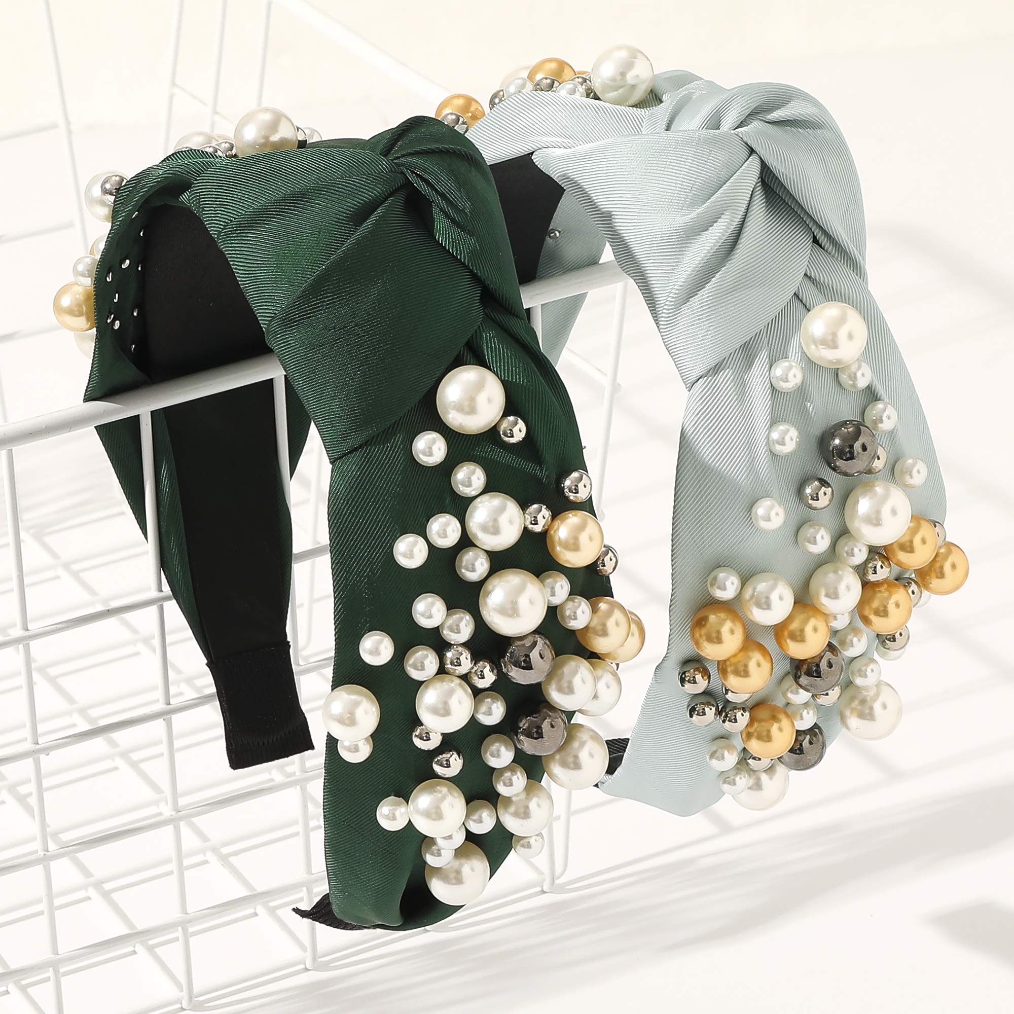 Stylish Knotted Pearl Headbands for Women & Girls - Non-Slip Fashion Hair Accessories (Green, Yellow, Blue) - Perfect for Work, Parties & Everyday Wear