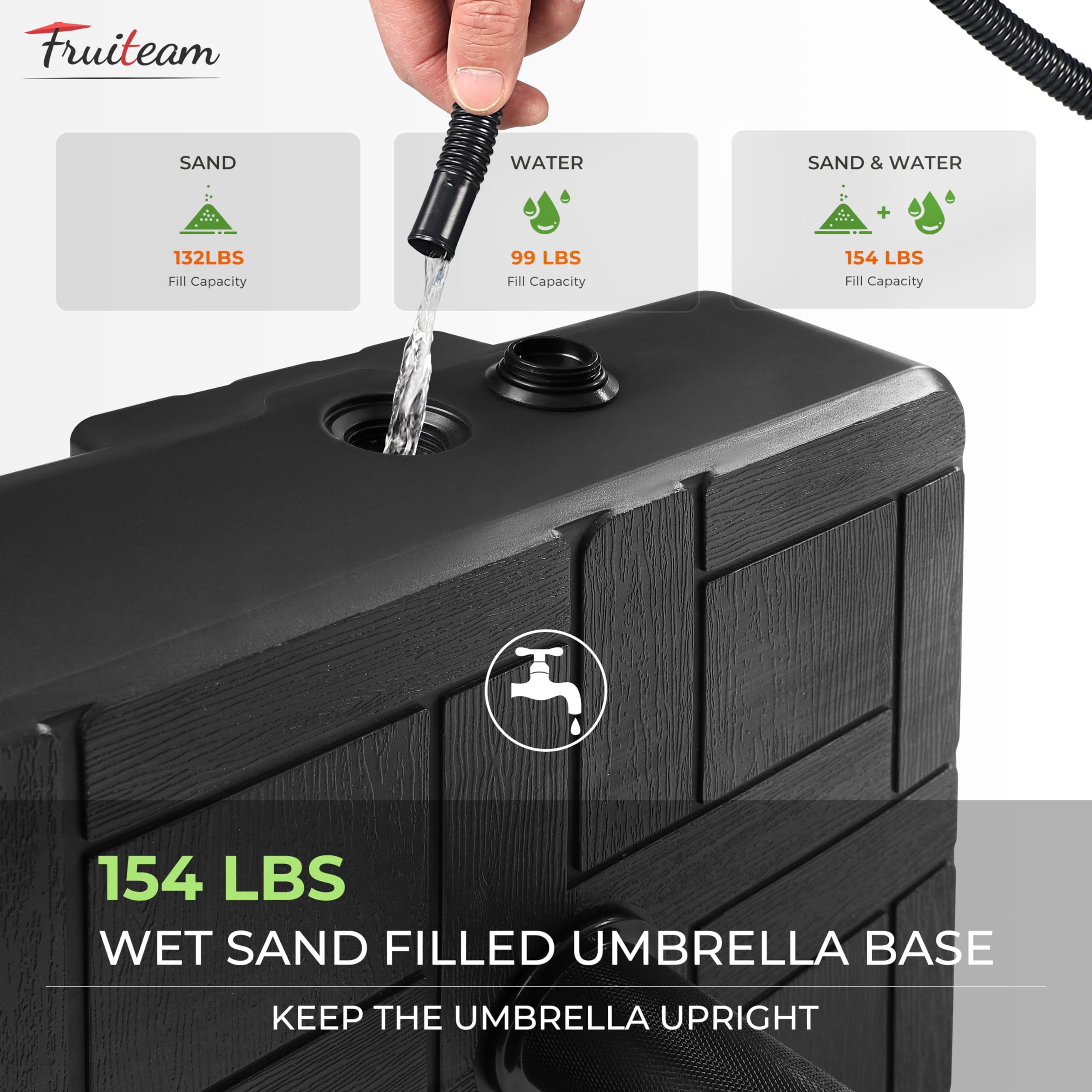FRUITEAM 155lb Heavy Duty Fillable Portable Umbrella Base with 4 Wheels - Wind-Resistant Square Market Stand for Patio, Deck & Outdoor Use - Includes 2 Locks & 1 Knob - Perfect for Commercial Events, Backyard BBQs and Beach Parties