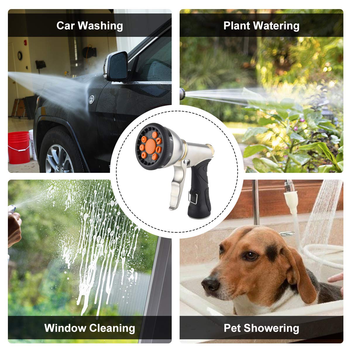 Heavy Duty Metal Garden Hose Nozzle with 9 Adjustable Spray Patterns - Front Trigger Sprayer for Cleaning, Watering Plants, Washing Cars, Bathing Pets | Perfect for Outdoor Gardening, Car Detailing & Pet Care