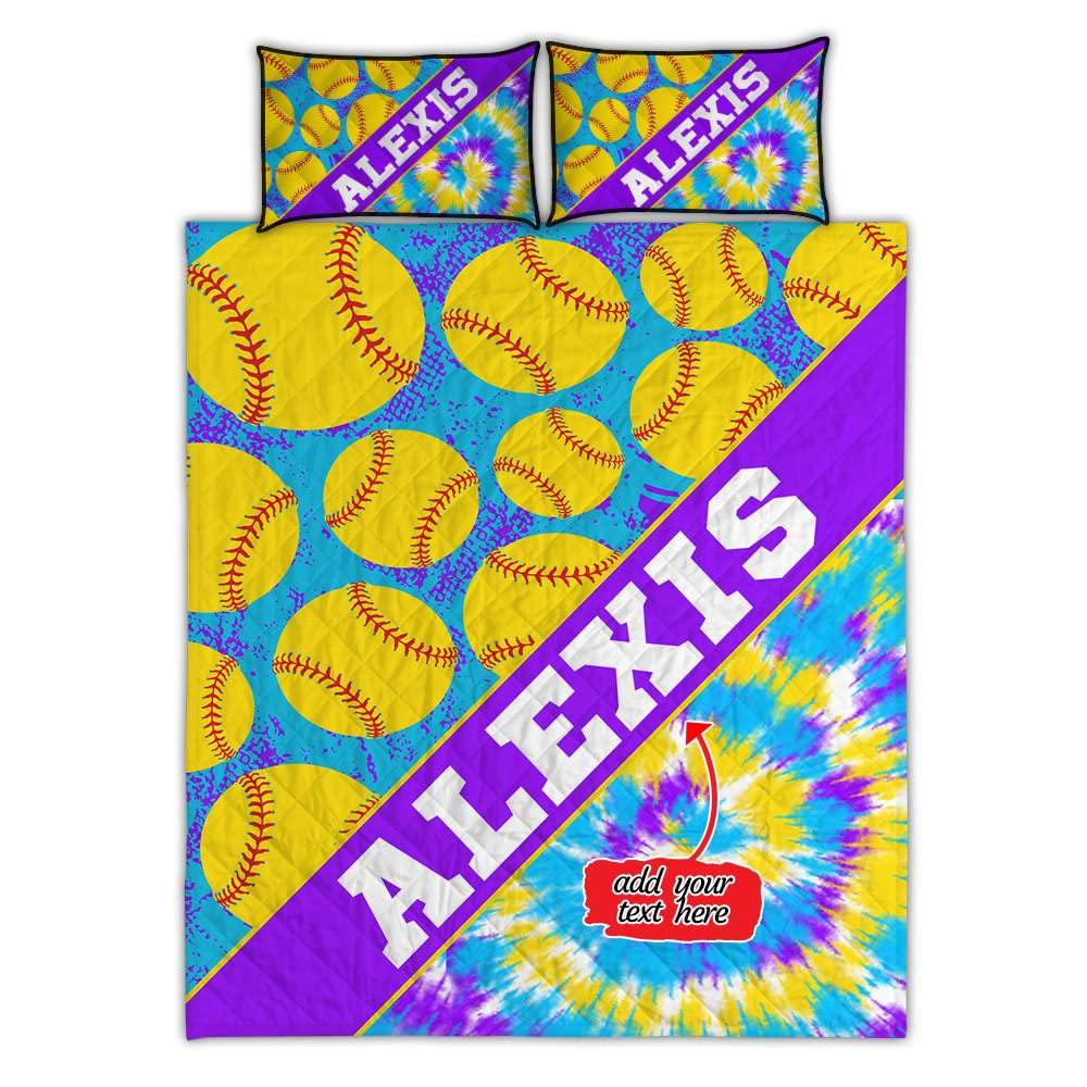 Custom Softball Tie Dye Quilt Set - Personalized Sports Bedding, Queen Size 79