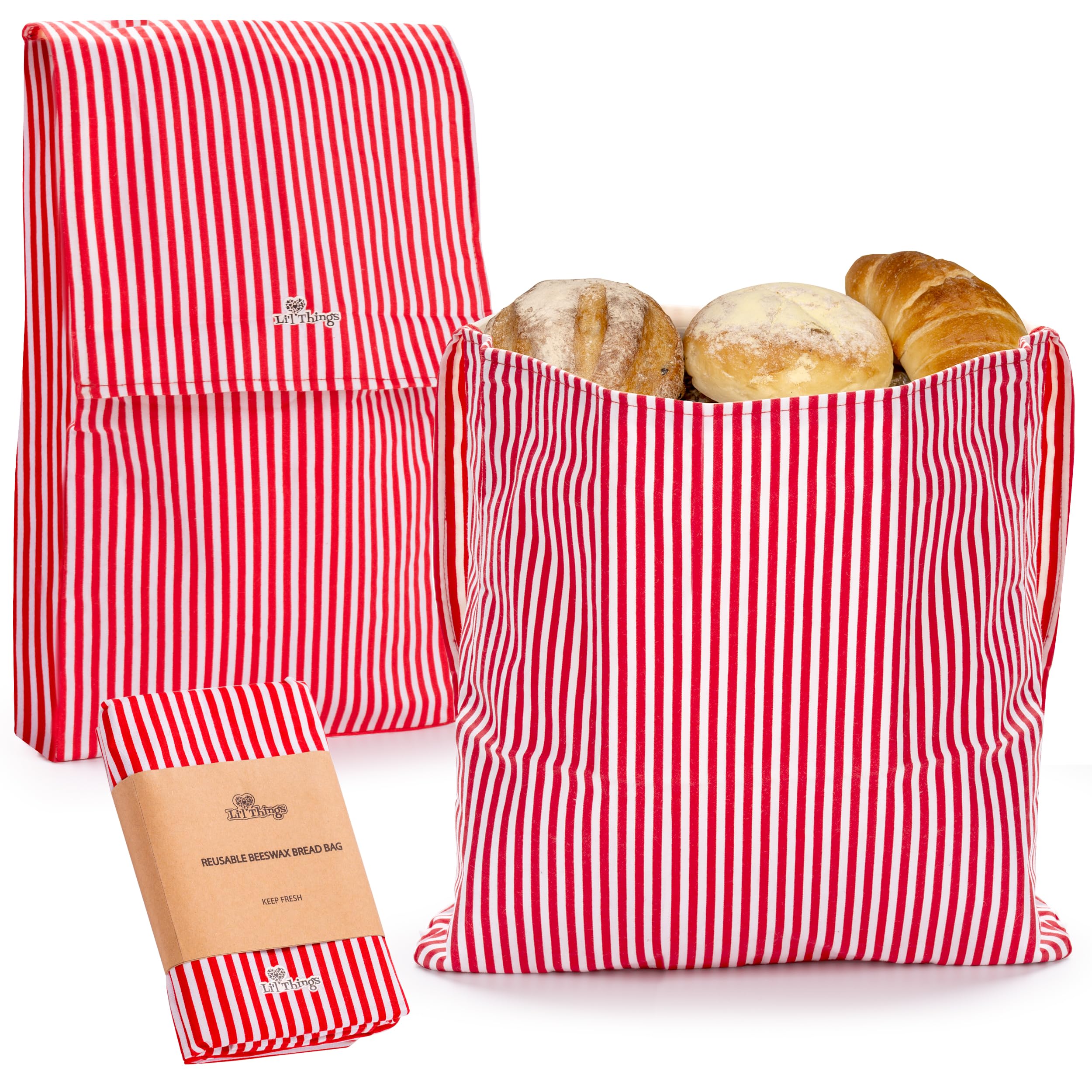 Eco-Friendly Reusable Beeswax Bread Bags Set of 2 Sizes (13x13 & 15x9 inches) - 6 Themed Food Storage Wraps for Homemade & Store-Bought Bread - Perfect for Picnics, Lunchboxes & Sustainable Kitchen Use - Stripey Red Design