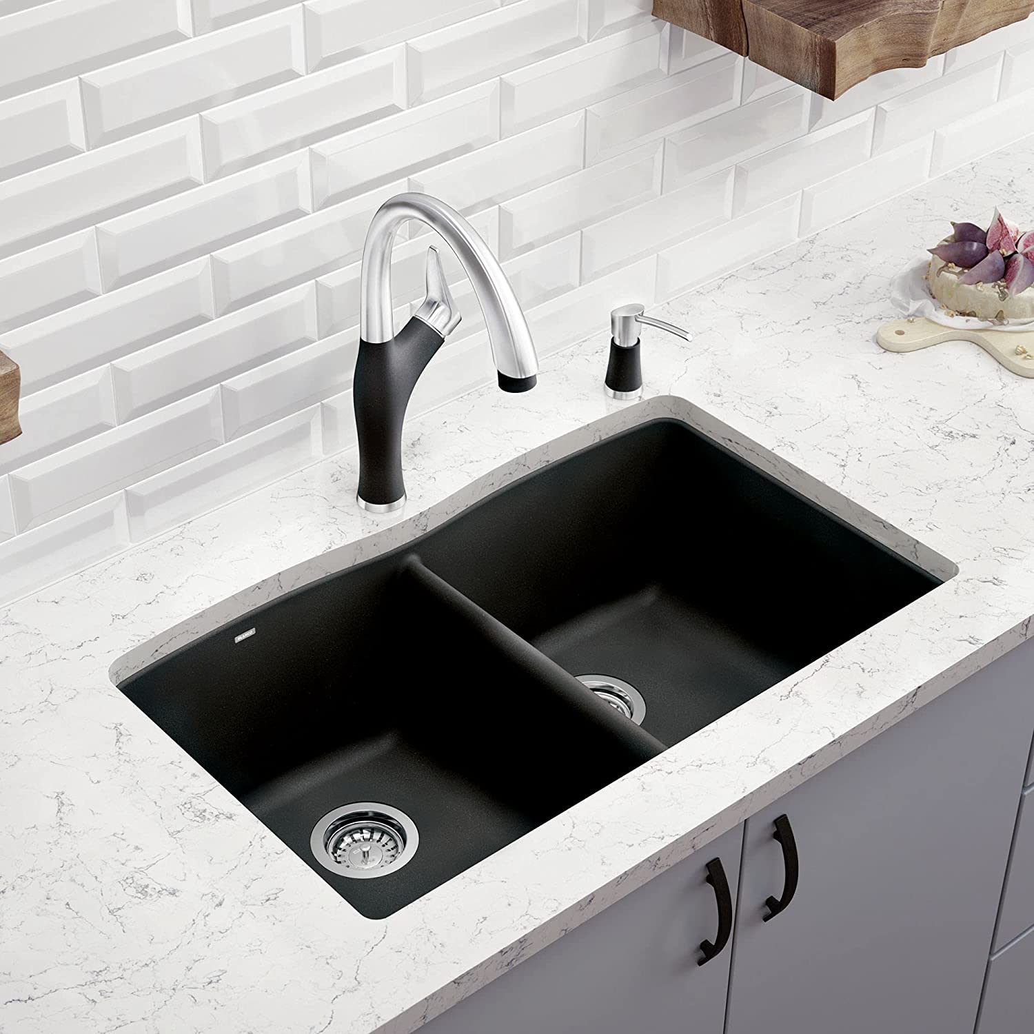 Blanco Diamond Equal Double Mount SILGRANIT Kitchen Sink - Premium Undermount 60/40 Granite Composite Sink for Modern Kitchens | Perfect for Food Prep, Dishwashing & Entertaining