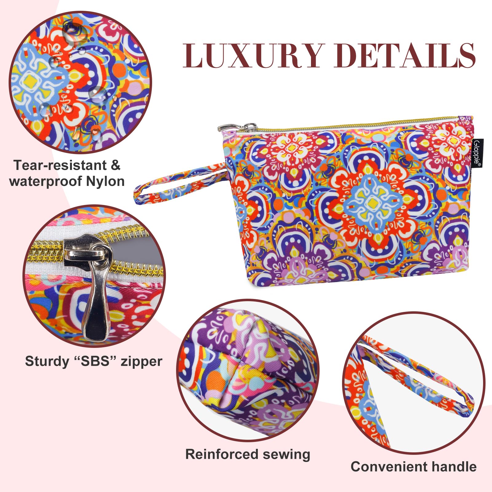 Gloppie Bohemian Makeup Bag for Women - Waterproof Travel Cosmetic Pouch with Zipper | Small Makeup Organizer for Purse, Toiletry Bag & Gym Essentials | Perfect for Travel, Daily Use & Gift Giving