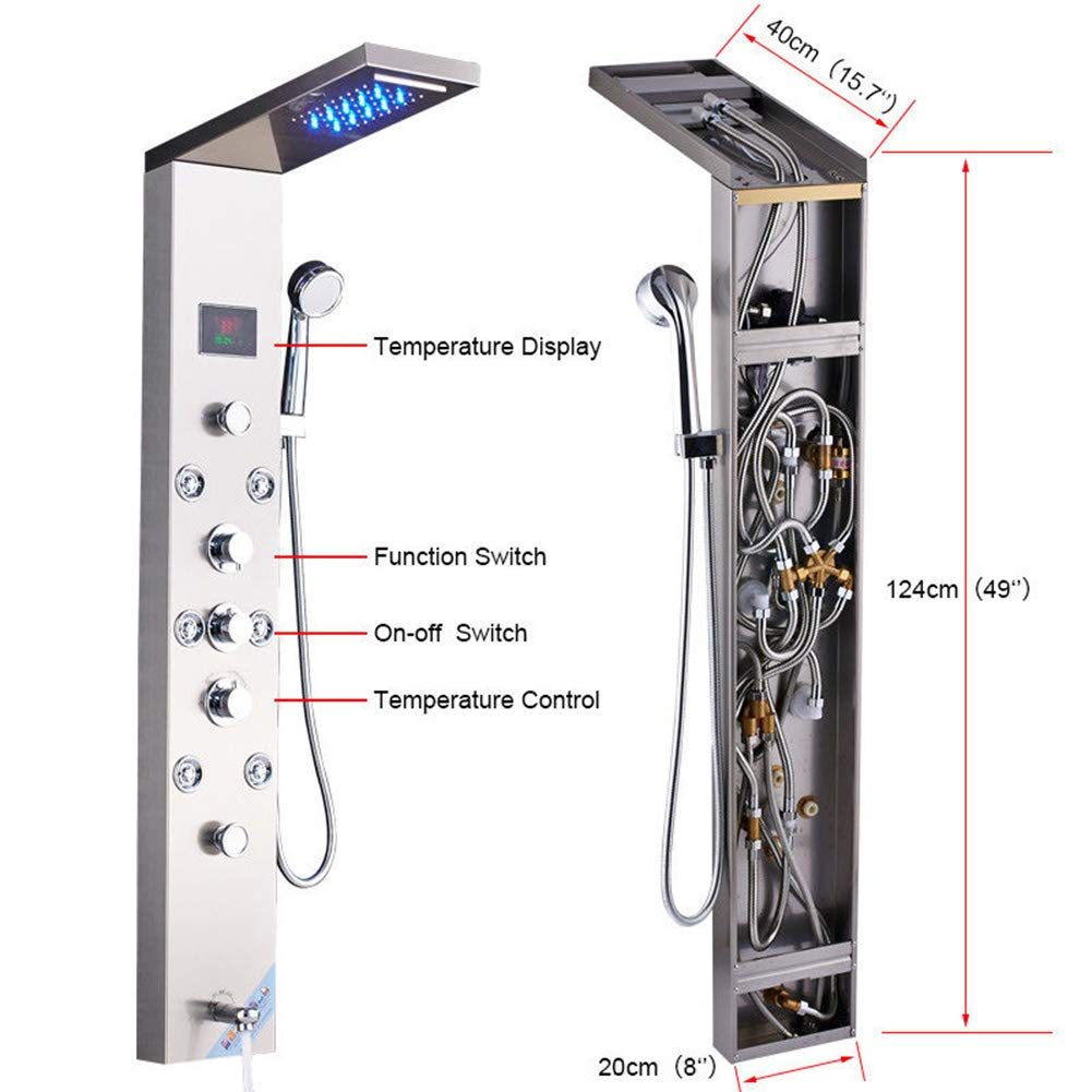 Premium Wall Mounted Bathroom Shower Panel Tower System - 8 Function LED Rainfall Showerhead, Massage Jets, Handheld Shower & Brushed Nickel Finish for Spa-Like Luxury Shower Experience | Perfect for Master Bathroom Renovation & Modern Home Upgrade