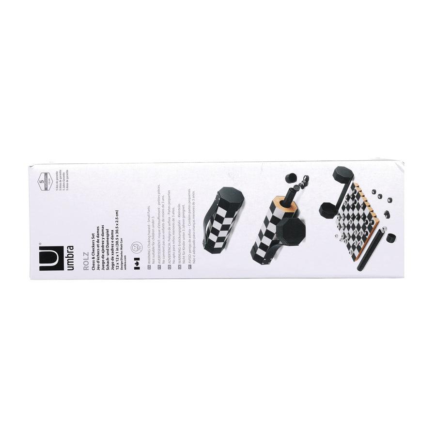 UMBRA Rolz Wooden Chess and Checkers Set - 2-in-1 Game Board with Storage Drawer - Black - Perfect for Family Game Nights and Home Decor