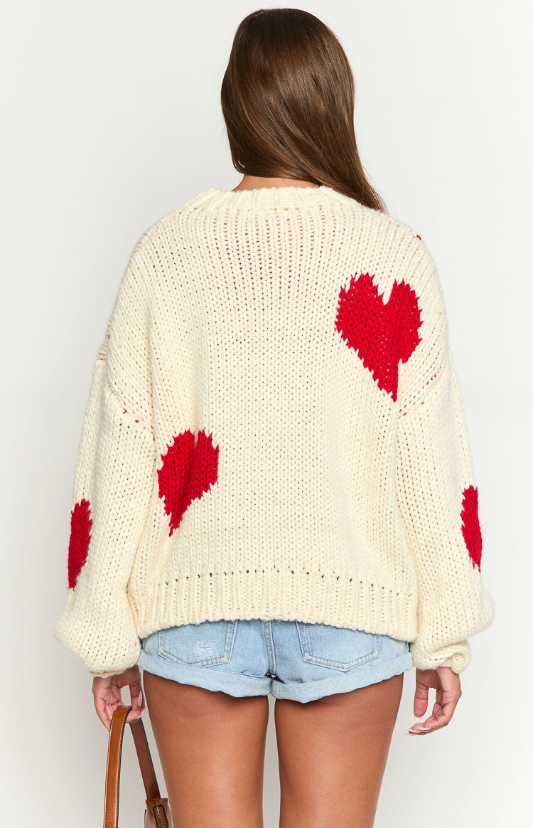 Chandi Cream Heart Chunky Knit Sweater for Women - Cozy Oversized Winter Pullover - Perfect for Christmas, Dates & Casual Outfits