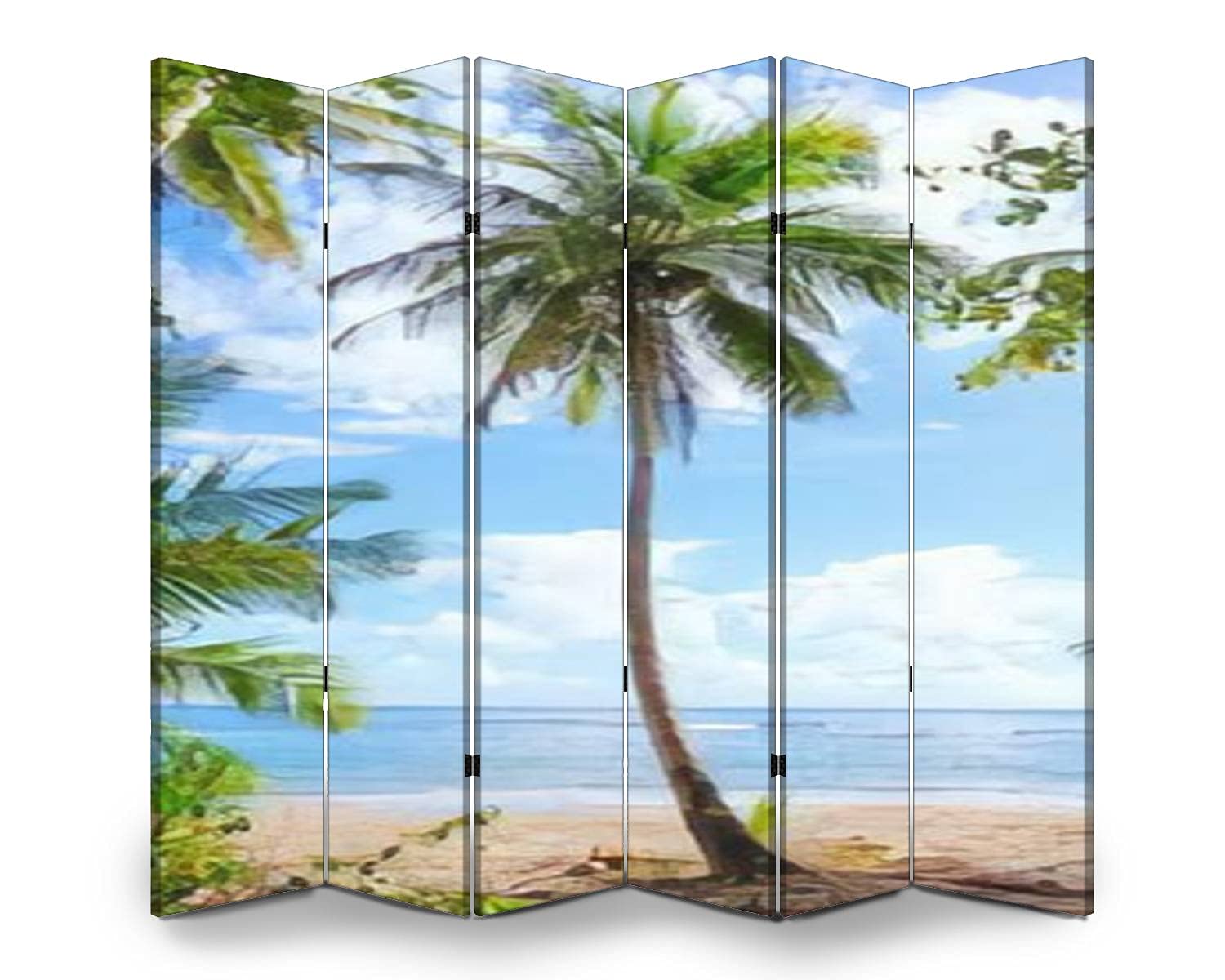 6 Panel Folding Room Divider - Beach Palm Trees Canvas Privacy Screen | Freestanding Indoor Partition for Home Office, Bedroom Separation & Decorative Wall Divider