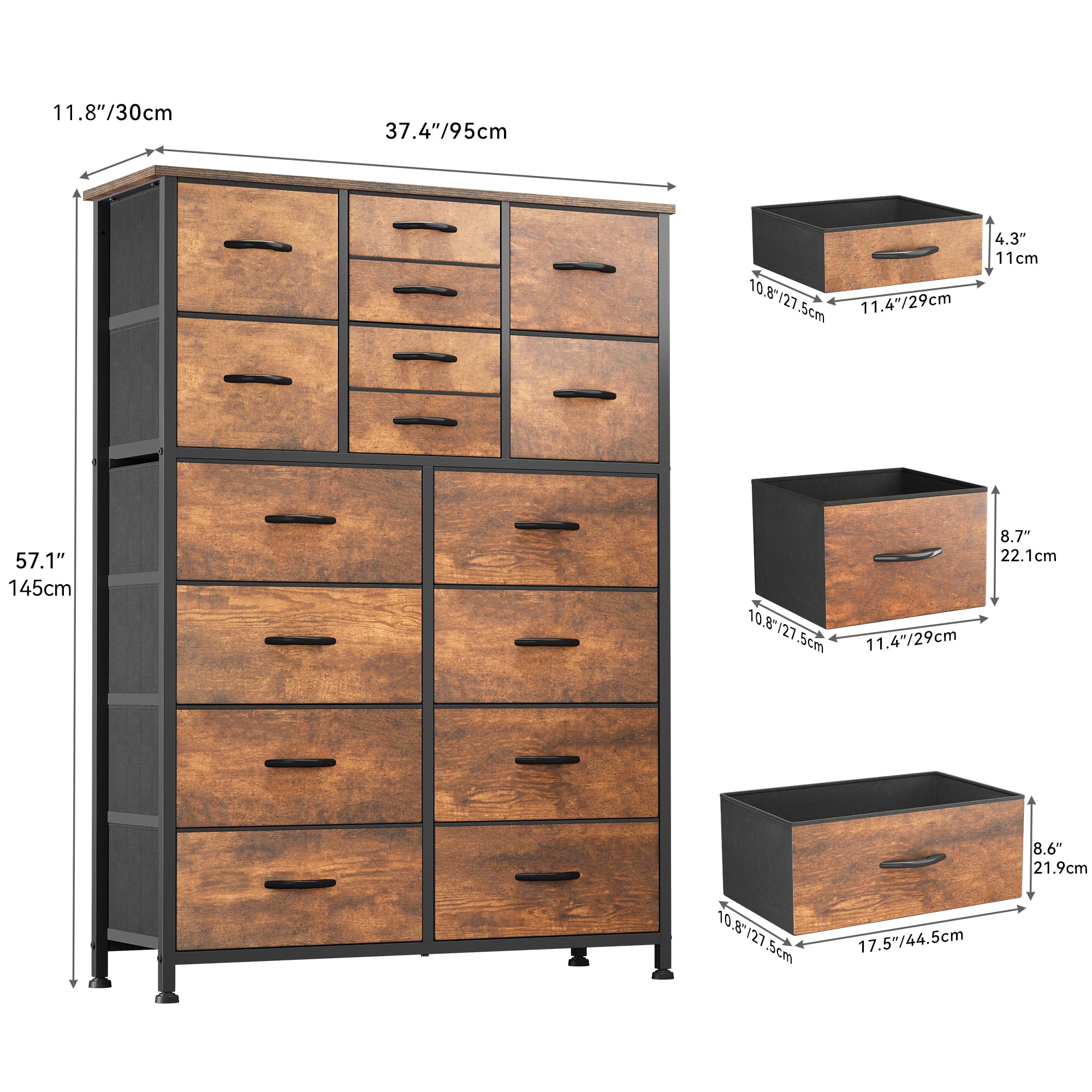 YITAHOME 16-Drawer Fabric Dresser with Sturdy Metal Frame & Wooden Top - Rustic Brown Storage Organizer for Bedroom, Closet, Living Room & Entryway | Perfect for Clothes, Toys, Blankets & Home Organization