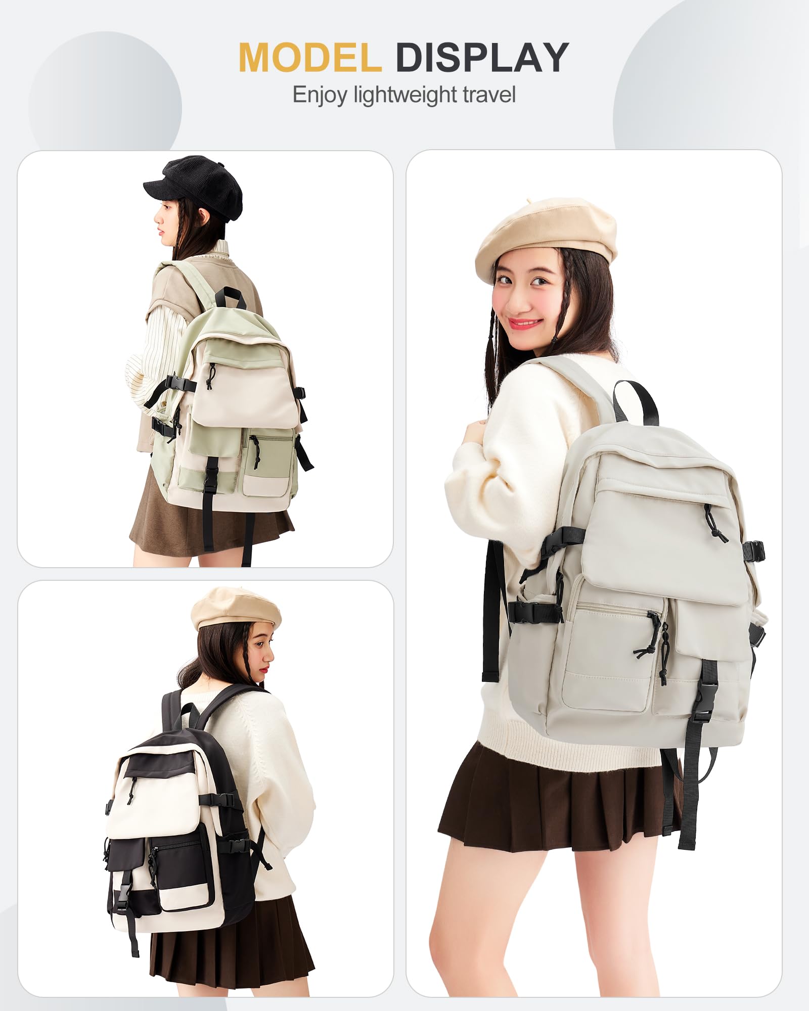 Winspansy Small Beige Backpack for College Students - Waterproof Canvas Travel Backpack for Women & Men - Lightweight Casual Bookbag Rucksack - Perfect for School, Commuting & Weekend Getaways