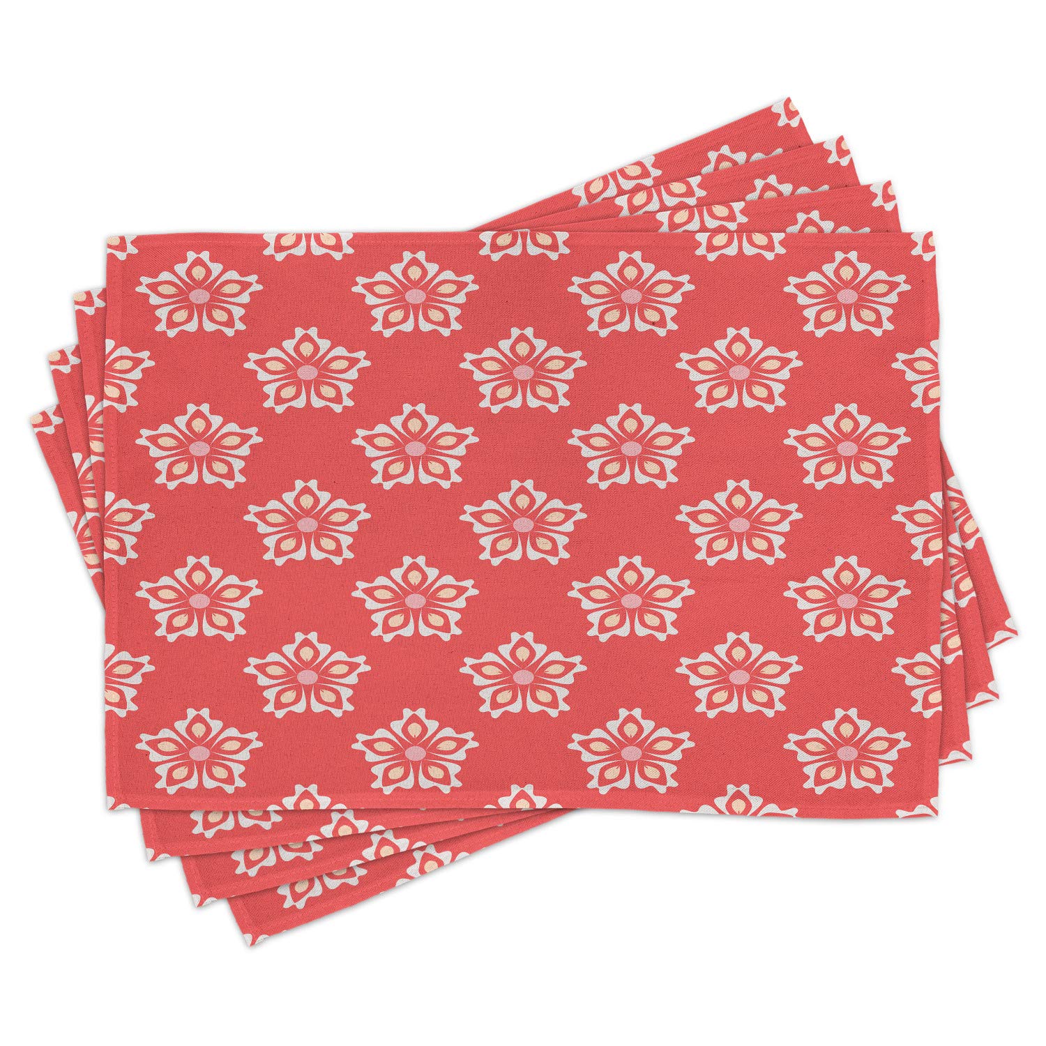 Ambesonne 4-Piece Coral Placemats Set - Abstract Tribal Mandala Floral Design, Washable Fabric Table Mats for Dining Room & Kitchen Decor - Perfect for Dinner Parties, Holiday Gatherings & Everyday Use (Dark Coral)