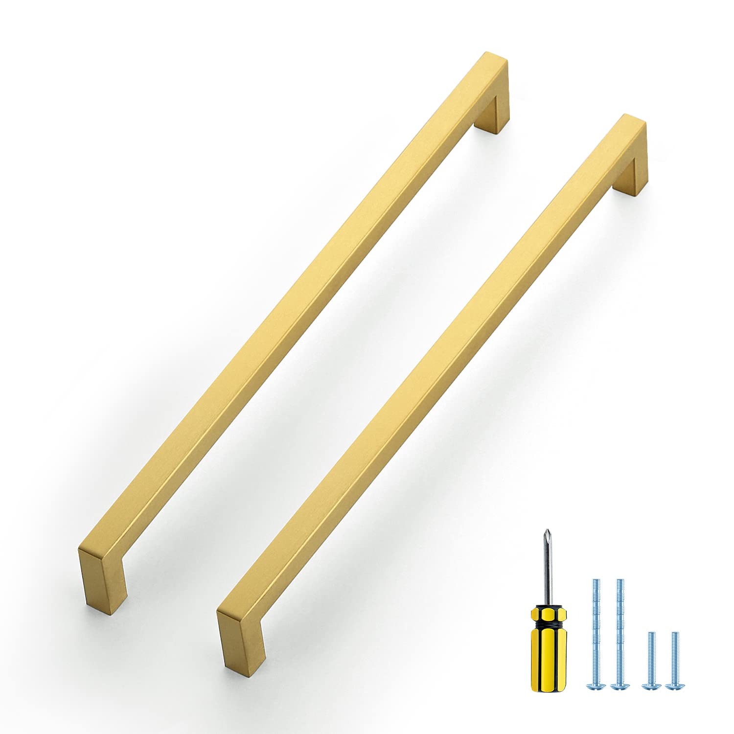 Ravinte 10 Pack 11-1/3 Inch Square Cabinet Pulls - Brushed Brass Kitchen Cabinet Handles & Gold Drawer Pulls Hardware (Includes Screwdriver) - Perfect for Modern Kitchen & Bathroom Cabinets, Dressers, and Furniture Upgrades