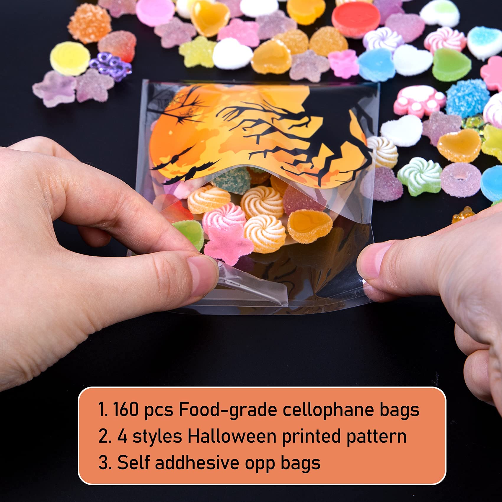 Eunvabir 160 PCS Halloween Cellophane Treat Bags - Self Adhesive Candy Goodie Cookie Snacks Gift Bags for Trick or Treat Party Favors, Classroom Prizes, Halloween Party Supplies & School Events