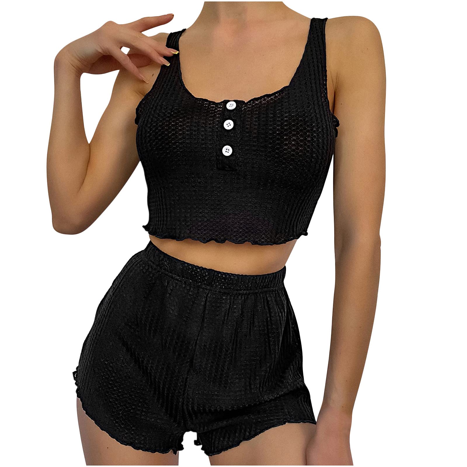 Women's Sexy Strappy Crop Top & High Waist Shorts 2-Piece Knit Pajama Set - Soft Sleepwear & Lounge Outfit for Casual Wear, Nighttime Comfort & Relaxation at Home