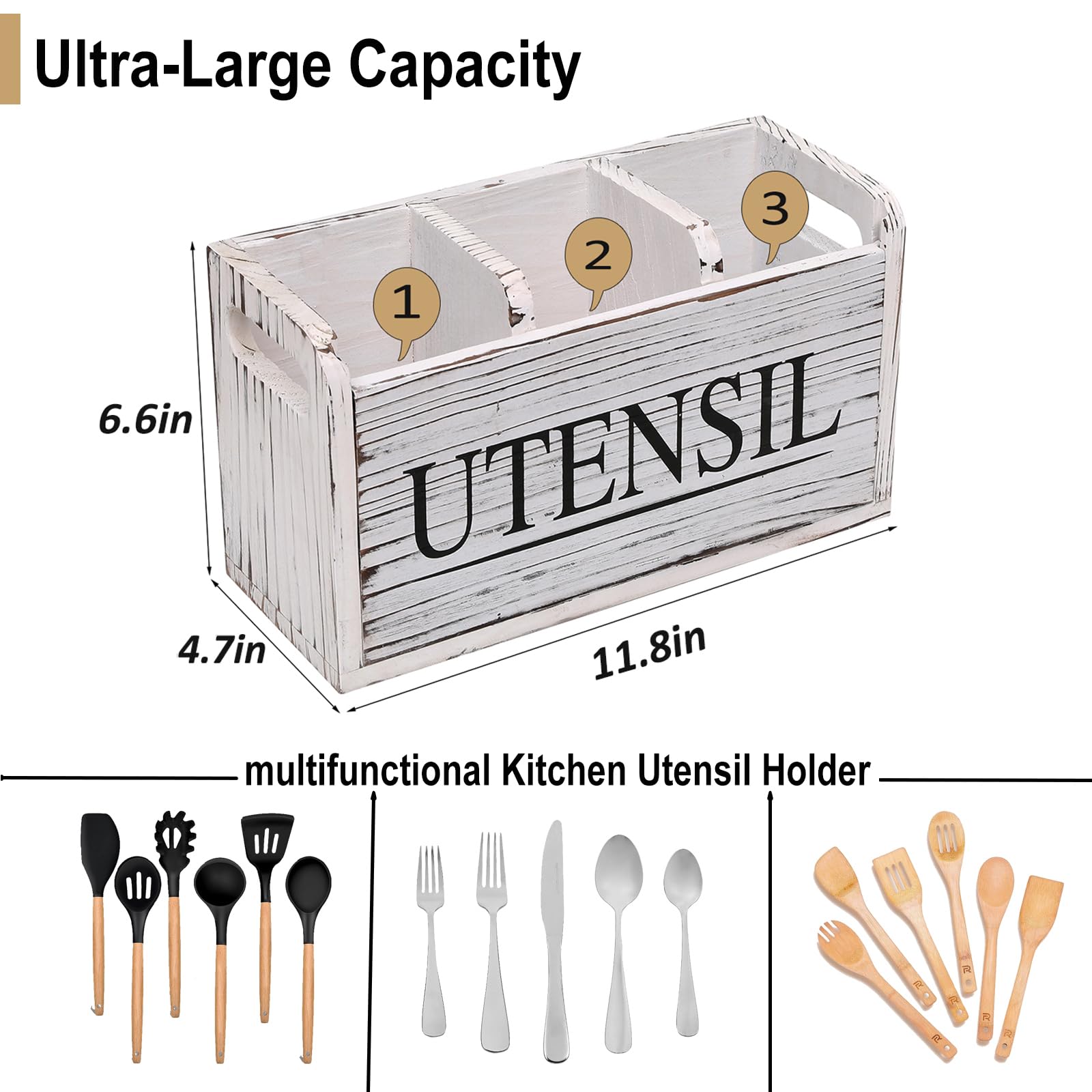 Farmhouse Style Wooden Kitchen Utensil Holder - 3 Compartment Countertop Organizer for Spoons, Forks & Cooking Tools (11.8