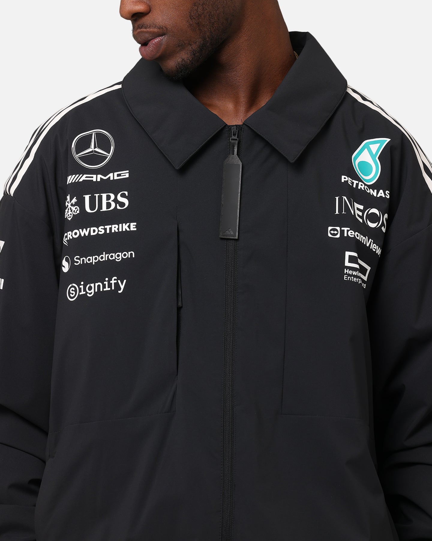 Adidas x Mercedes AMG PETRONAS F1 Team 2025 Racing Jacket - Black & White - Official Formula One Motorsport Apparel for Fans & Racing Enthusiasts