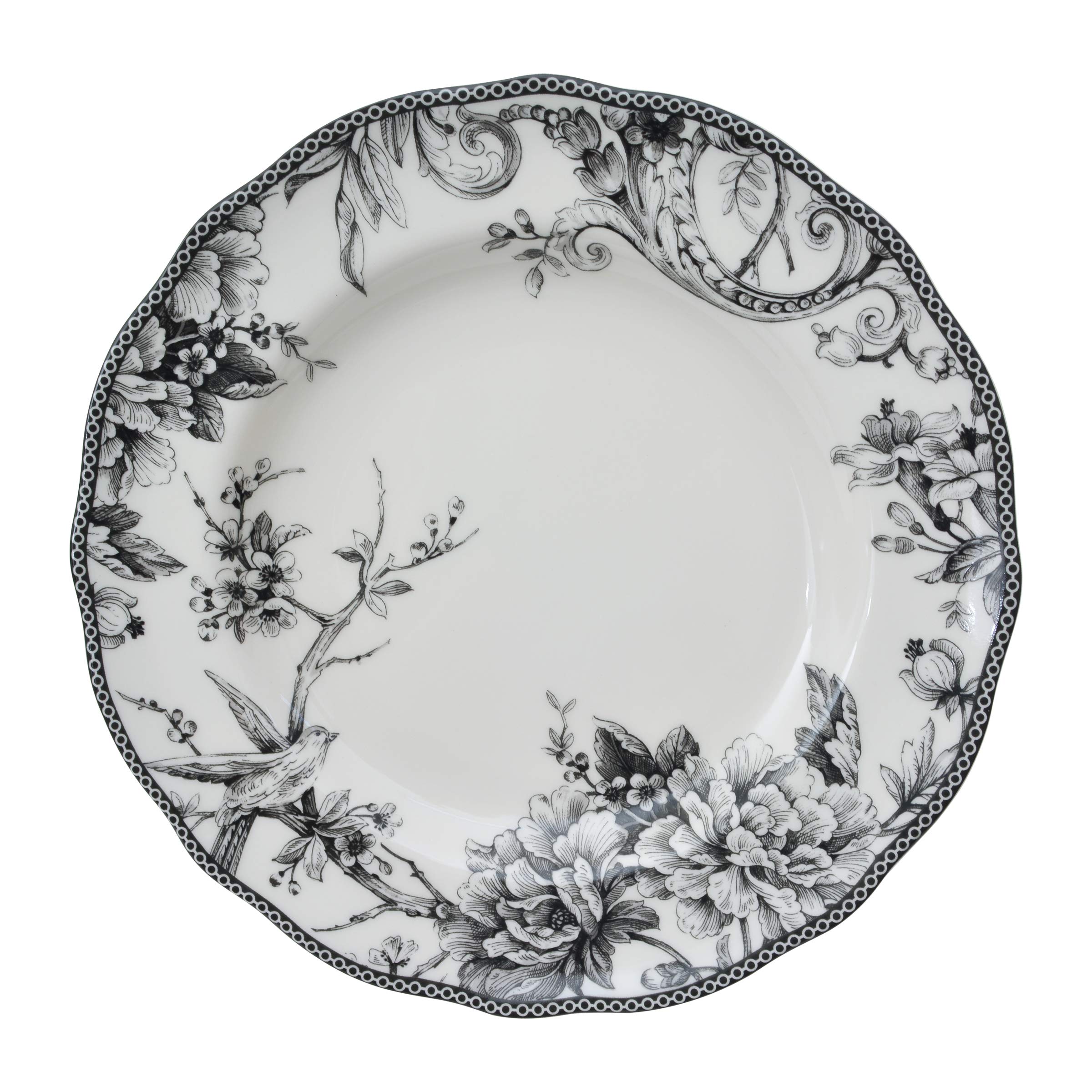 222 Fifth Adelaide 16-Piece Porcelain Dinnerware Set - Service for 4, Elegant Black Dinner Plates with Hand-Painted Woodland Bird Design, Microwave & Dishwasher Safe for Everyday Use, Perfect for Family Dinners, Parties & Holiday Entertaining