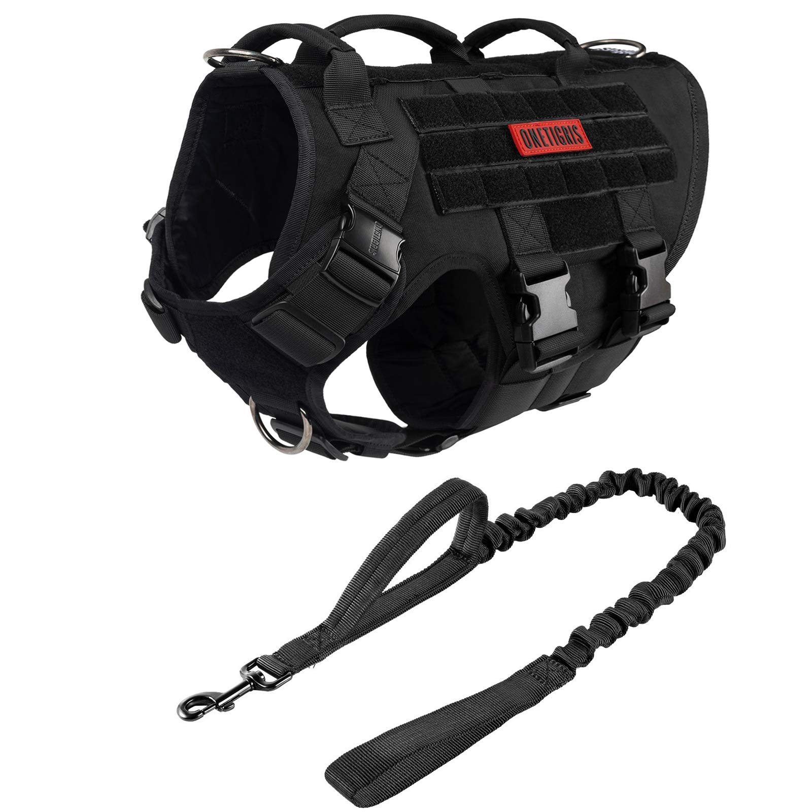 Large Tactical Dog Harness & Leash Set - No Pull Adjustable Vest Harness with Handle for Medium Dogs (Black) - Perfect for Hiking, Training & Outdoor Adventures