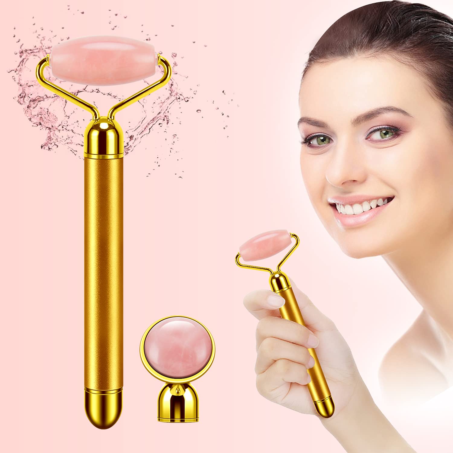 2-in-1 Electric Jade Roller & Face Massager - Rose Quartz Facial Massage Tool for Skin Tightening & Wrinkle Reduction | Perfect for At-Home Spa & Anti-Aging Skincare Routine