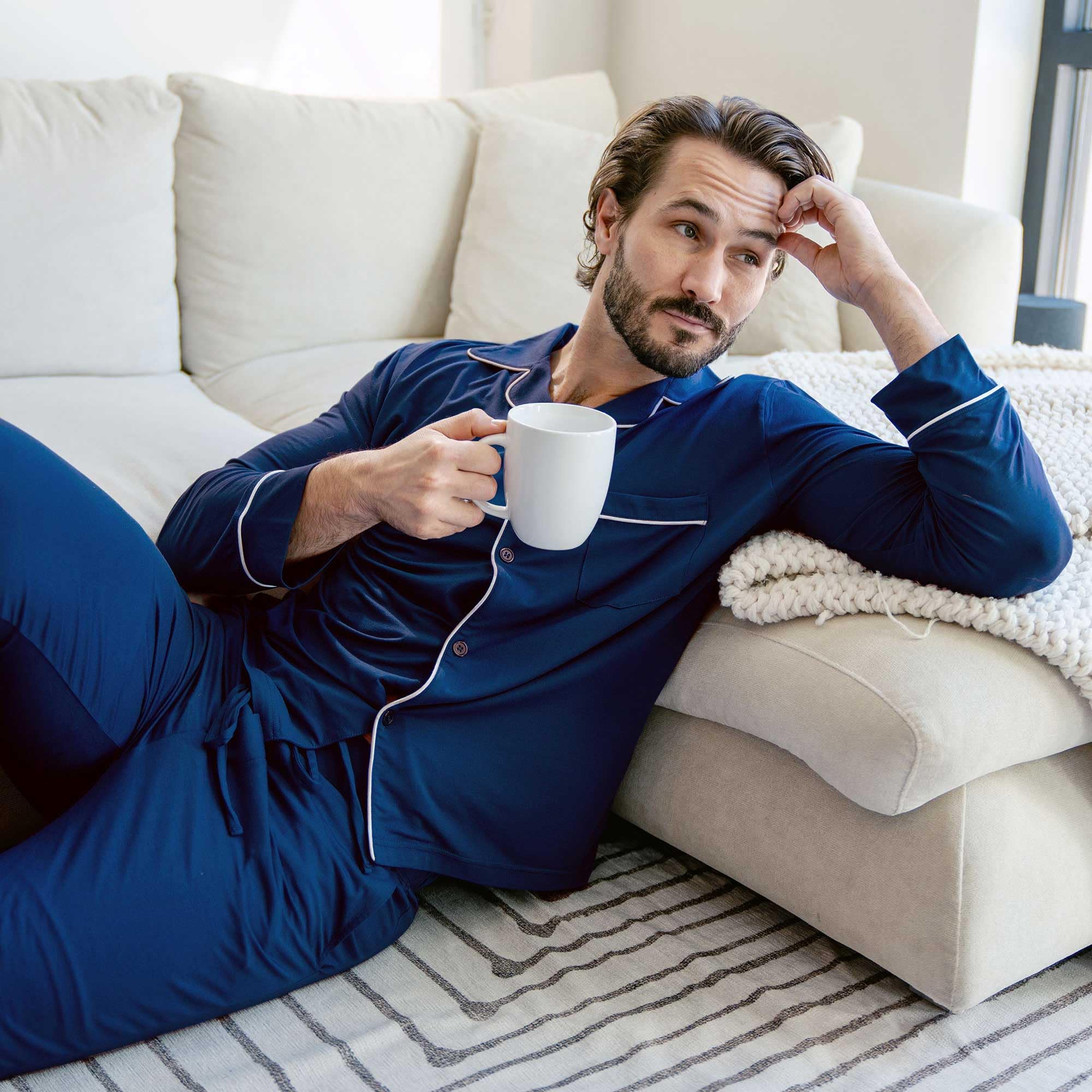 Ejis Men's Anti Odor Pajama Set - Ultra Soft & Breathable Micro Modal Sleepwear (Top & Pants) - Navy Blue - Perfect for Lounging, Sleeping & Travel Comfort