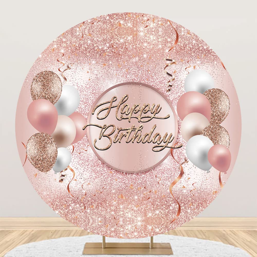 Yeele 7.5x7.5ft Pink Rose Gold Glitter Happy Birthday Backdrop with Sparkle Balloons - Photography Background for Women's Birthday Party, Sweet Girl Princess Theme, Cake Table Decor - Perfect for Baby Showers, Bridal Showers & Anniversary Celebrations