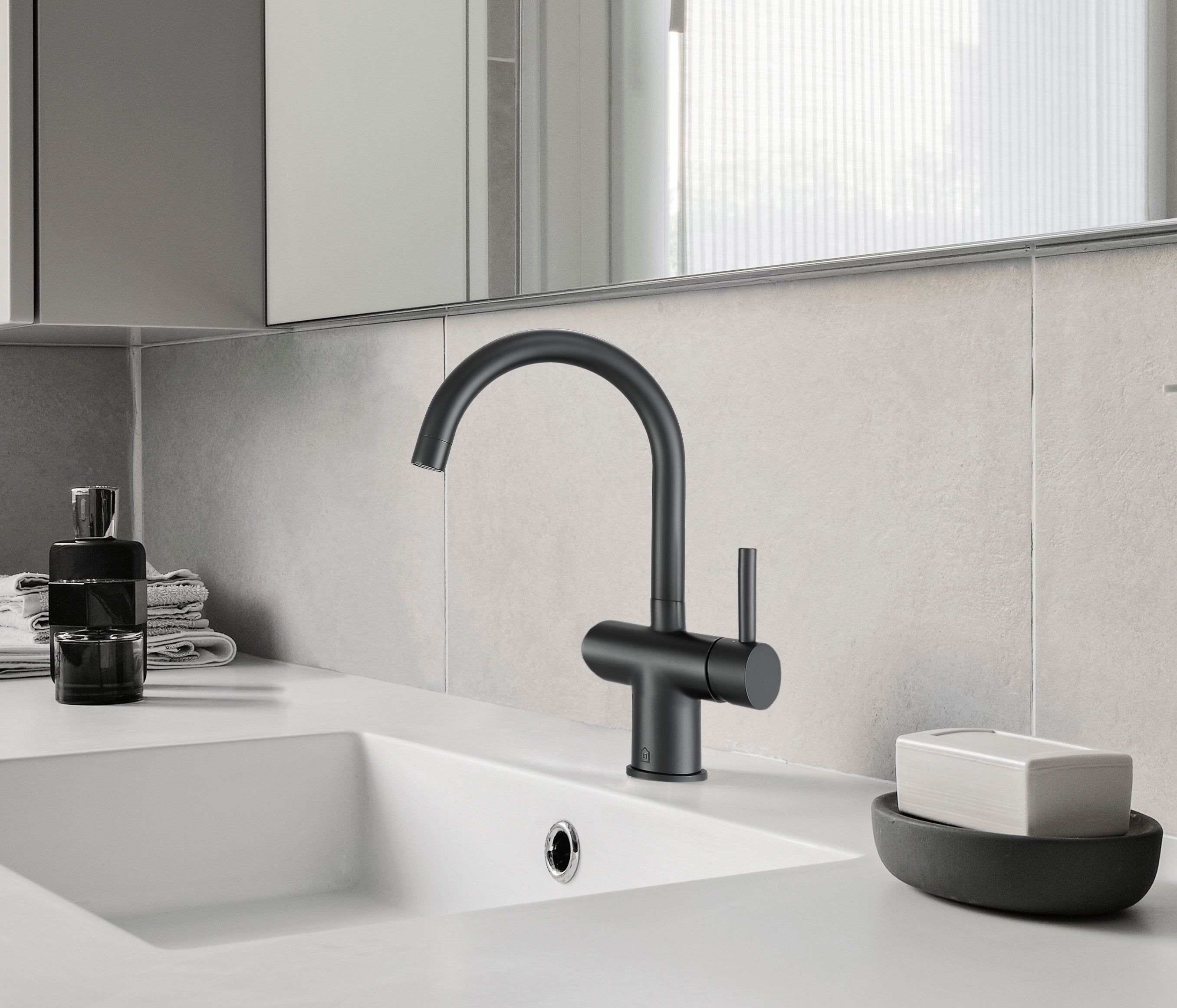 Ancona Aria Single Handle Matte Black Bathroom Faucet - Modern Waterfall Spout for Sink Vanity, Powder Room & Guest Bath Installation