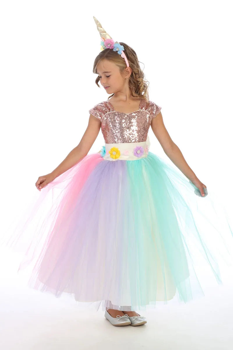 Gala Rainbow Unicorn Princess Dress for Girls - Sparkly Costume for Birthday Parties, Halloween & Dress-Up Play (Style 034)