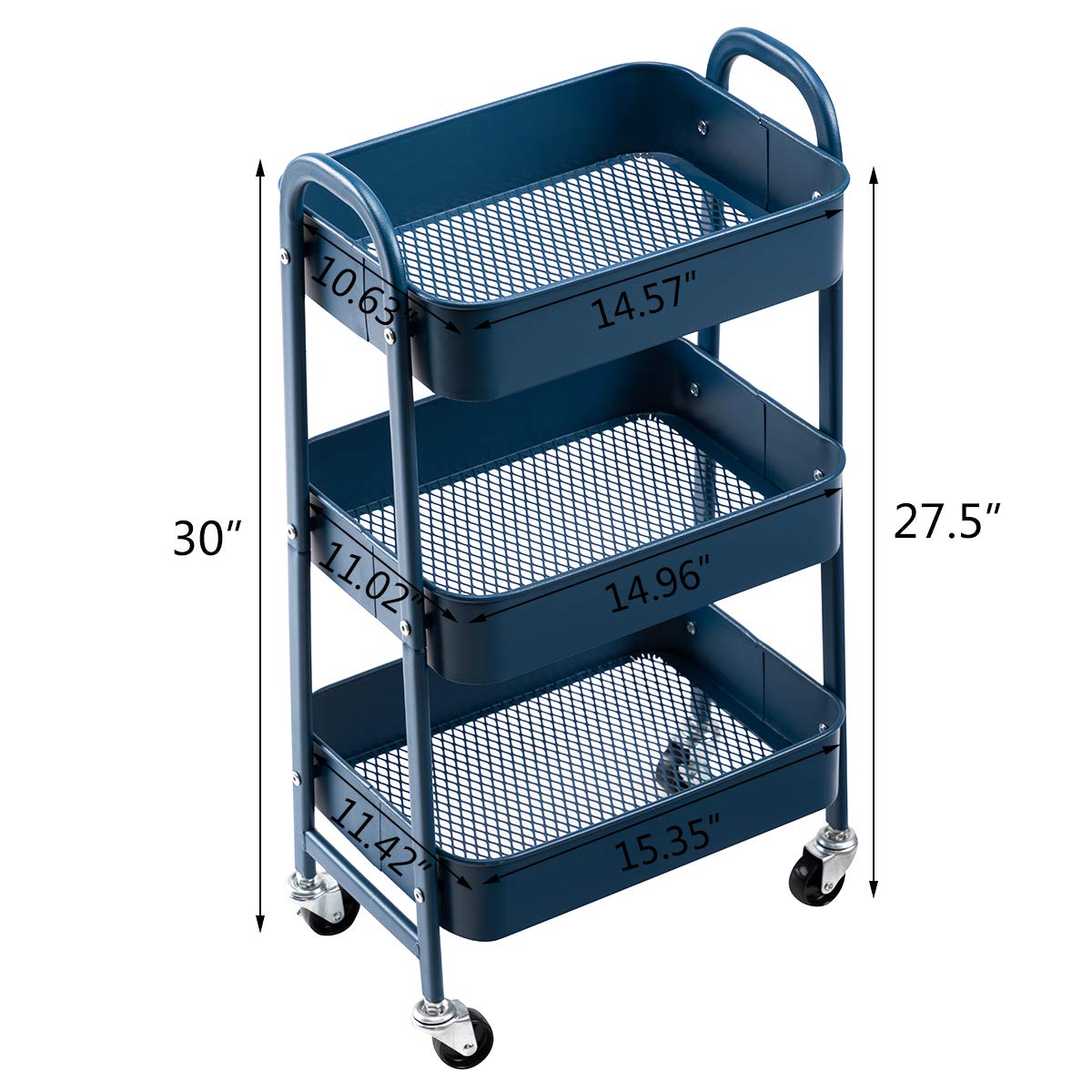 AGTEK Makeup Cart with Wheels - 3-Tier Rolling Organizer & Metal Utility Cart in Navy Blue for Salon, Home, or Professional Makeup Artists