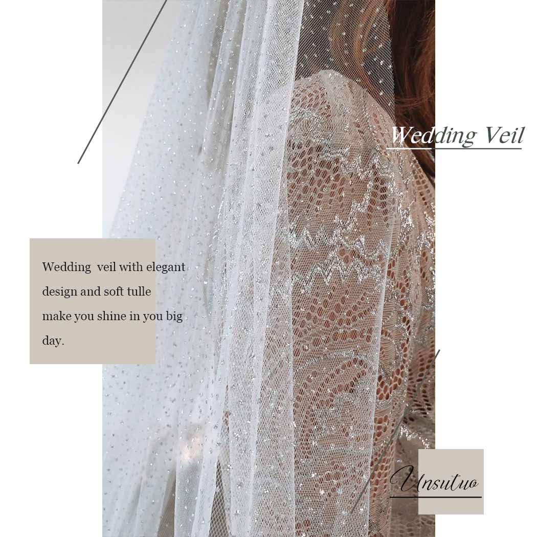 Unsutuo 1 Tier Glitter Wedding Veil - Sparkling Bridal Veil for Women & Girls - White Elbow Length Bachelorette Party Veil - Perfect for Bridal Showers, Weddings & Photo Shoots