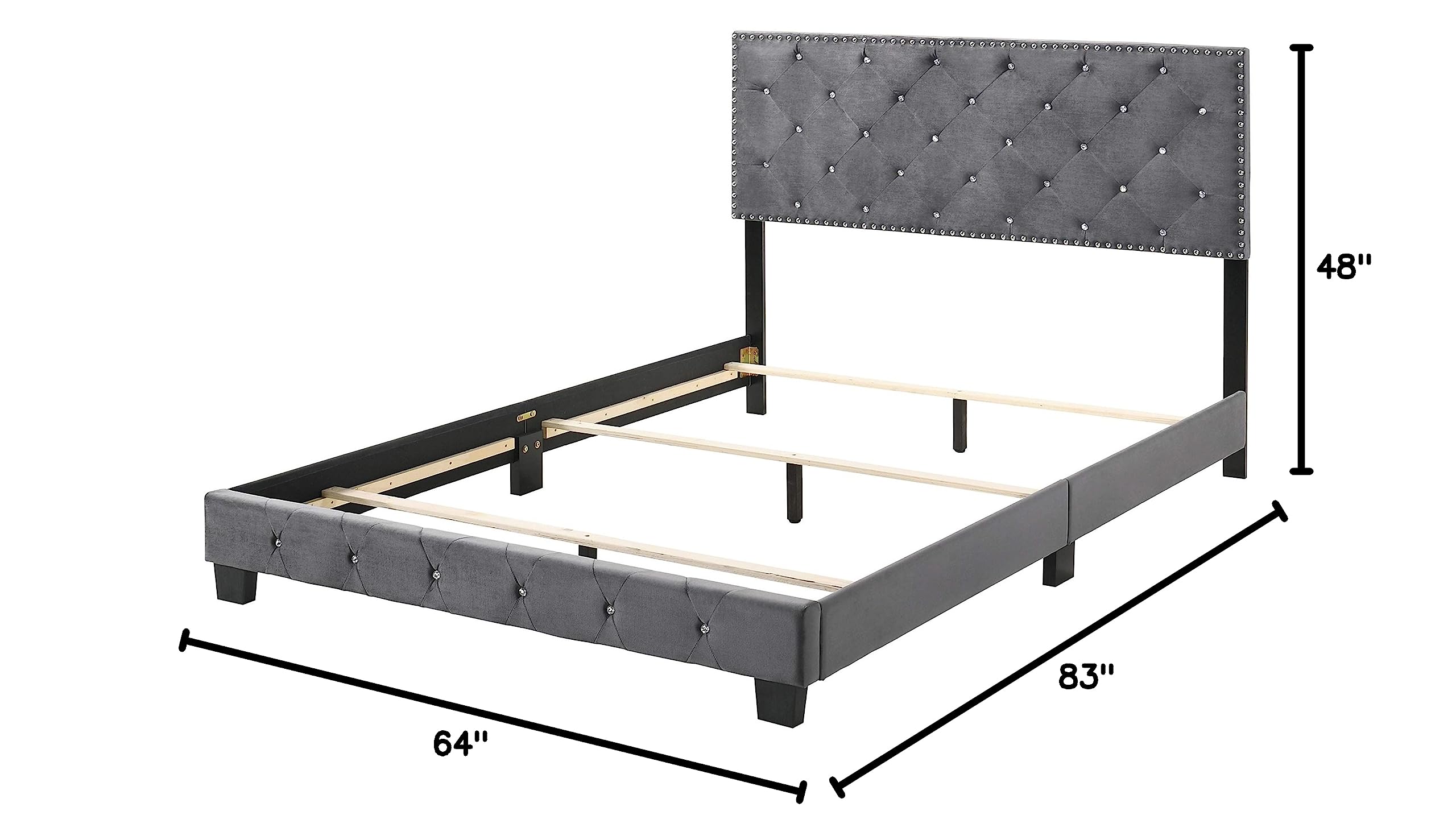 Glory Furniture Suffolk Velvet Upholstered Queen Bed Frame in Gray - Luxurious Bedroom Furniture for Master Suite & Guest Room