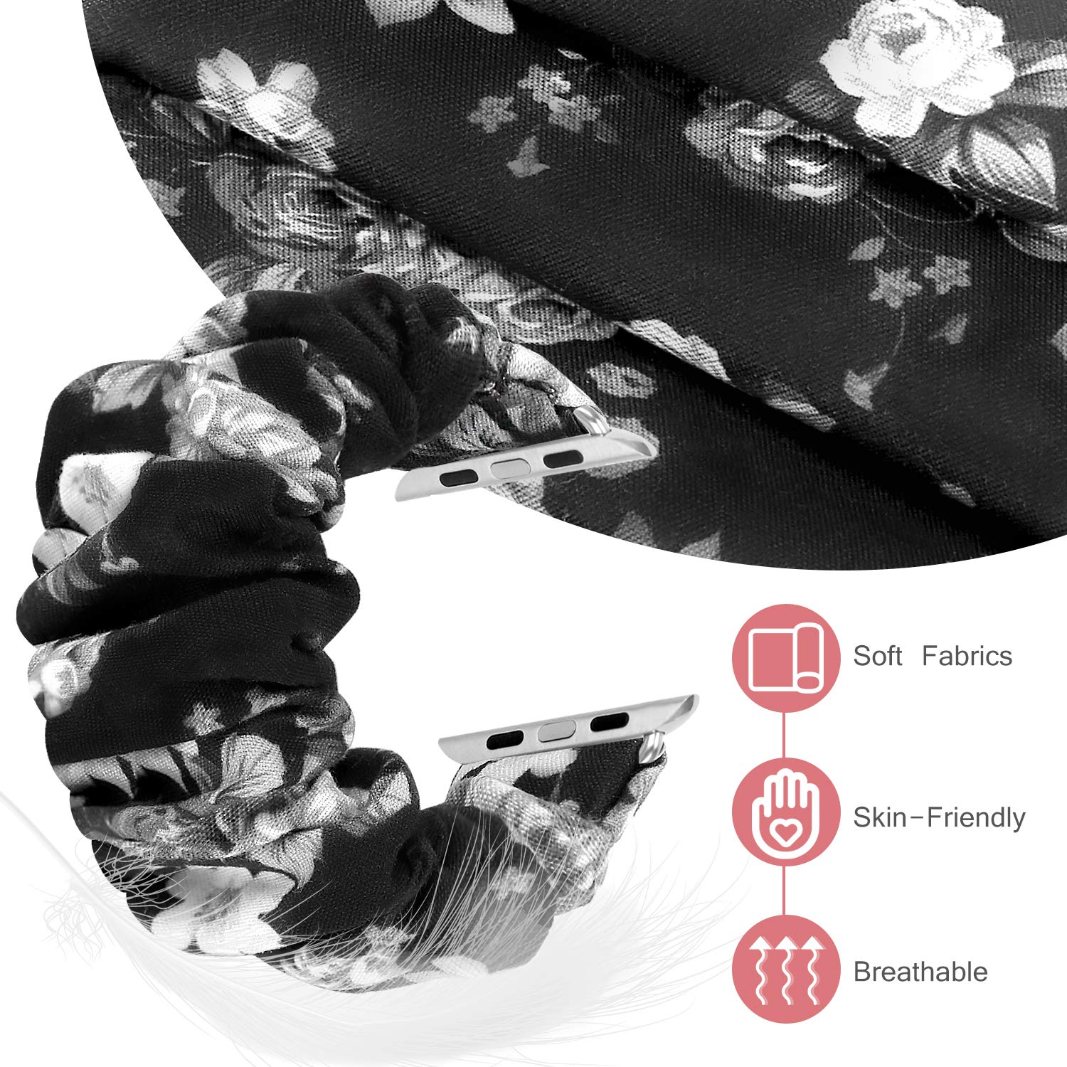 Scrunchie Watch Bands for Women - Soft Elastic Replacement Wristband Compatible with Apple Watch Series 10/9/8/7/6/5/4/3/2/1/SE (38mm 40mm 41mm 42mm 44mm 45mm 46mm 49mm Ultra) - Stylish & Comfortable Hair Tie Design for Workout, Yoga, and Everyday Wear