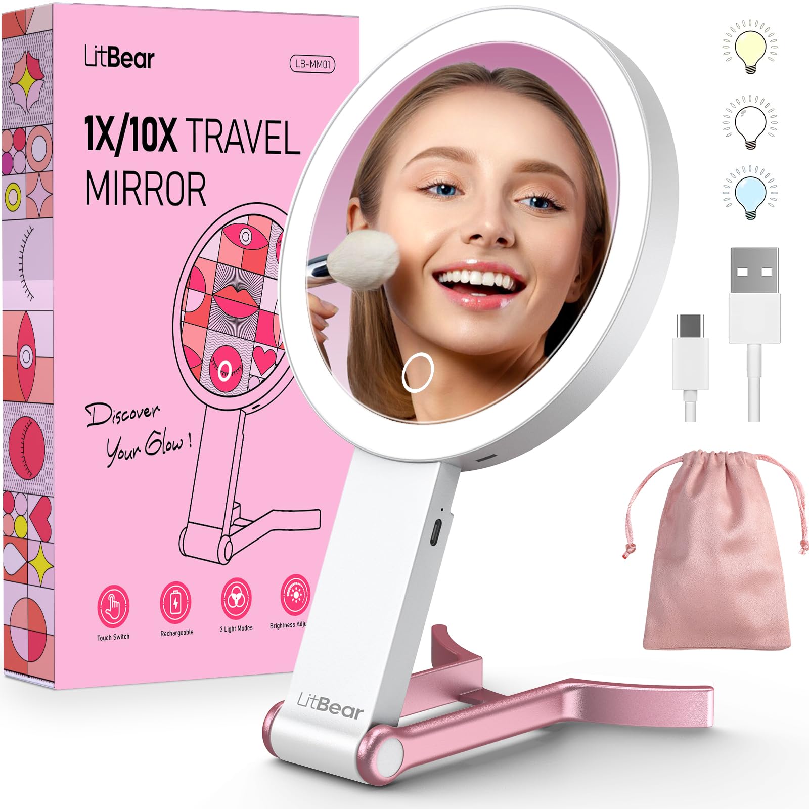 Rechargeable Travel Makeup Mirror with Lights - 10X/1X Magnifying, 3-Color Dimmable LED for Home & Travel