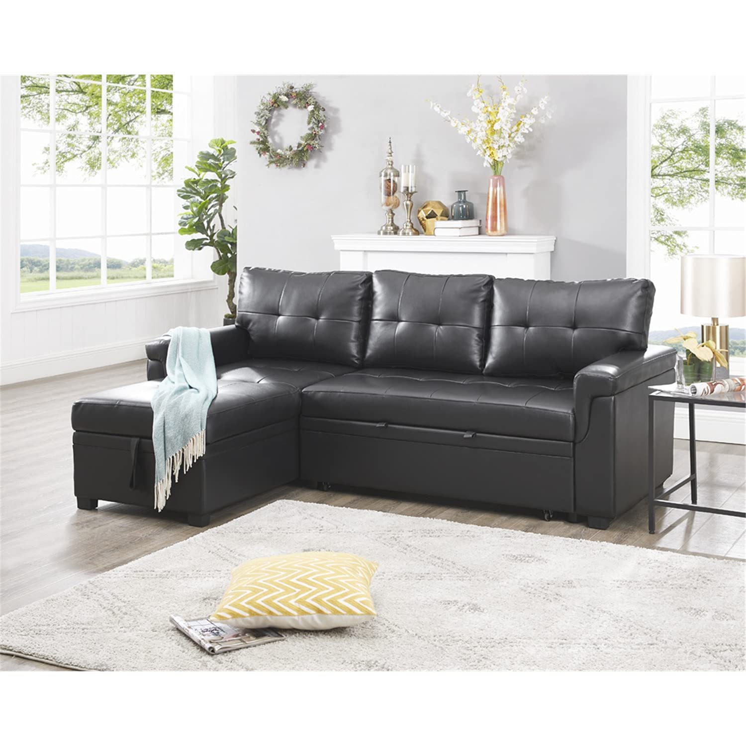 Laura Reversible L-Shaped Sleeper Sectional Sofa with Chaise - Full Size Pull-Out Bed, Air Leather Upholstery, Black | Perfect for Small Spaces, Guest Rooms & Apartments
