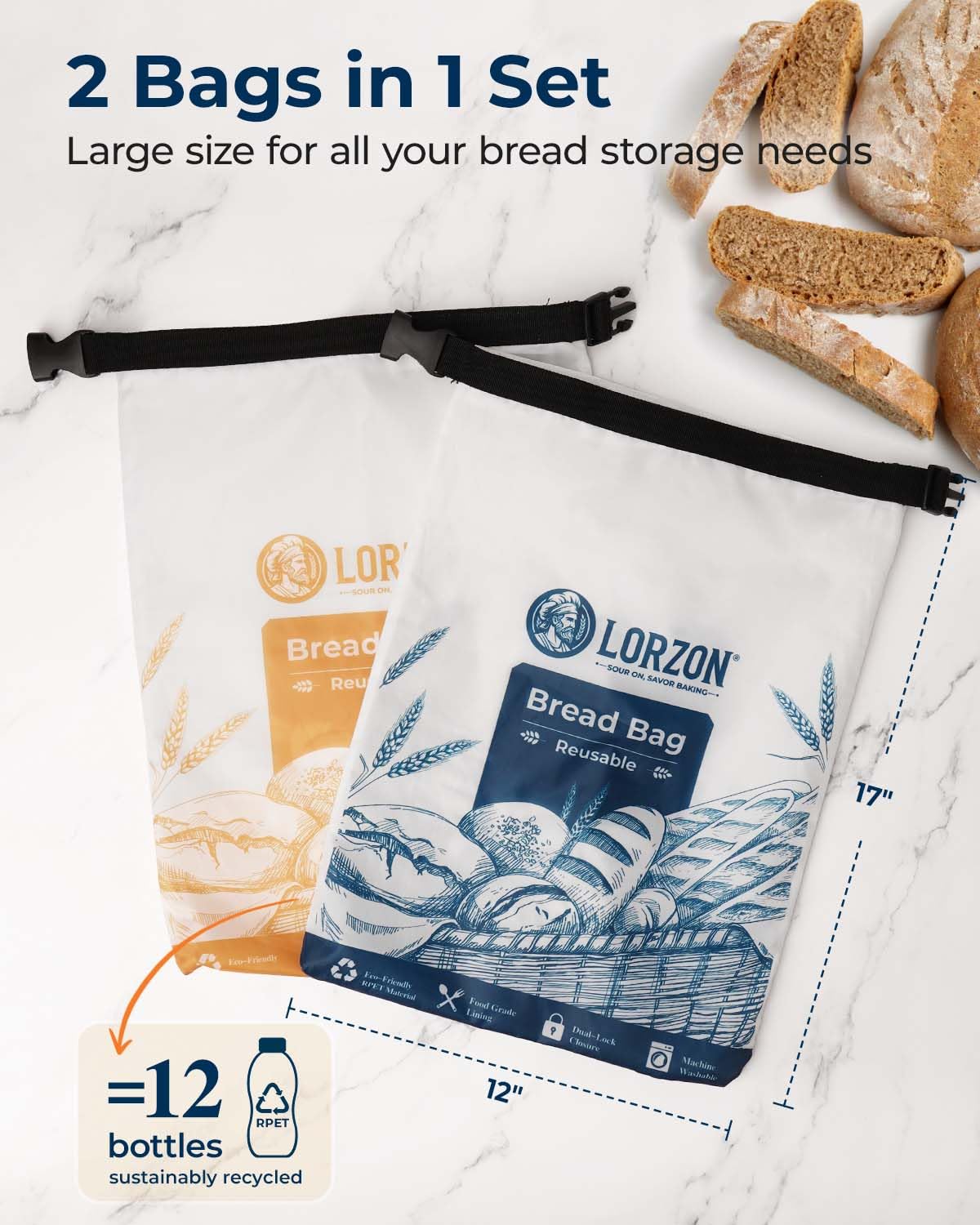 2-Pack Reusable Bread Storage Bags with Zipper - Large Loaf Freezer Bags for Homemade, Sourdough & Artisan Bread - Keep Bread Fresh Longer | Perfect for Baking, Meal Prep & Freezing
