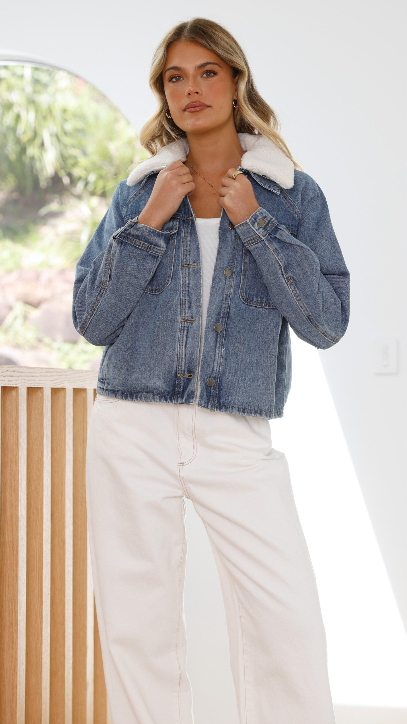 Laelia Teddy Jacket - Mid Blue Denim Jacket for Women | Cozy Winter Outerwear | Perfect for Casual Outings & Date Nights