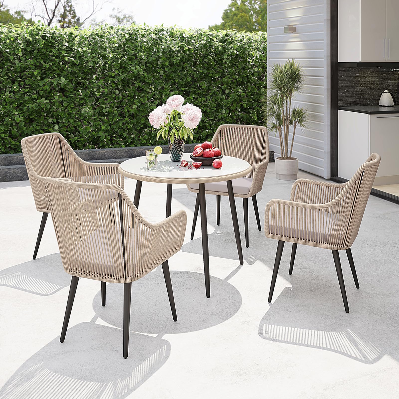 5-Piece Outdoor Patio Dining Set with All-Weather Wicker & Glass Table - Tan Rattan Furniture for Backyard, Garden, Poolside - Includes 4 Cushioned Chairs & Umbrella Hole - Perfect for Entertaining, BBQs, and Relaxing Outdoors
