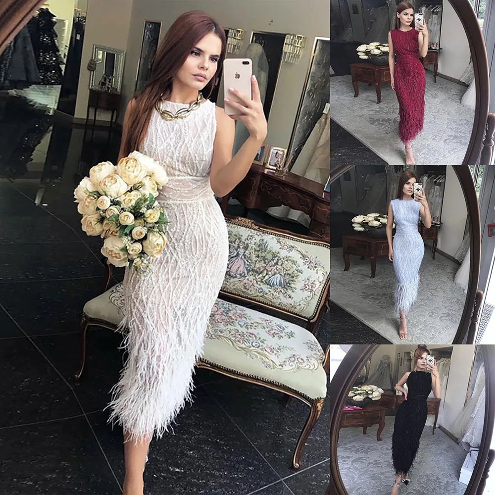 Elegant Black & White Feather Midi Evening Dress LA72076 - Perfect for Prom, Cocktail Party & Formal Events