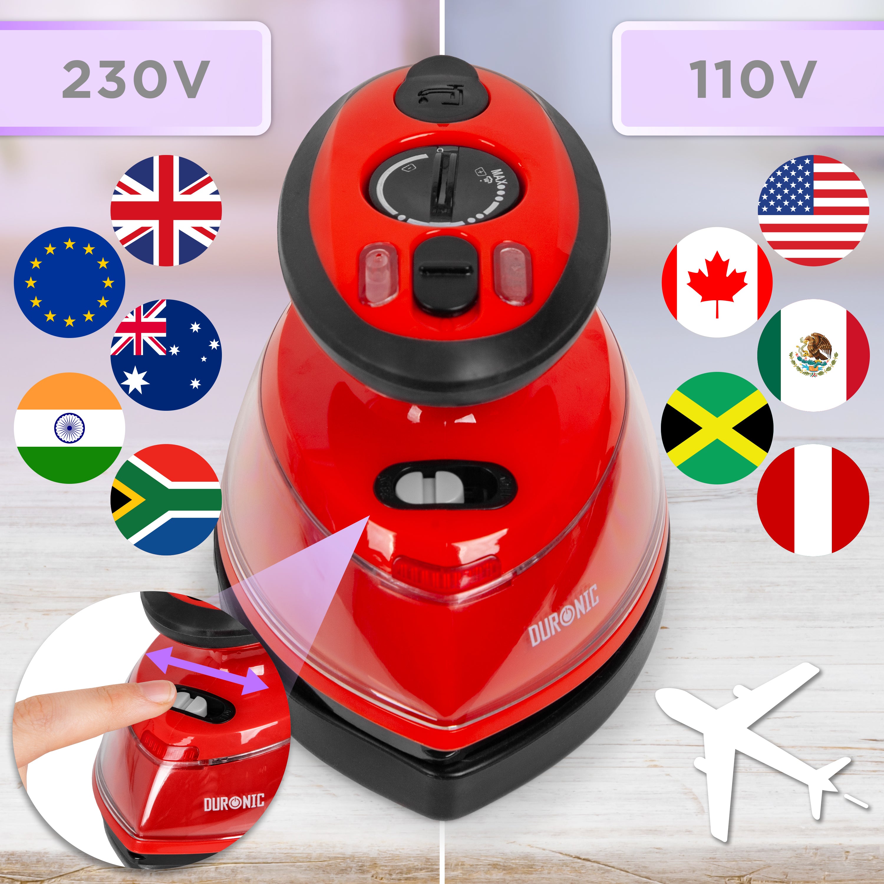 Duronic Steam Travel Iron Si3 RD - 400W Mini Compact Steamer with 35ml Water Tank, Adjustable Heat Settings & Brush - Perfect for Quilting, Patchwork, Applique, Crafts & Holiday Travel Use