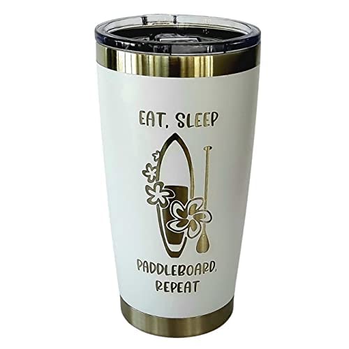Eat Sleep Paddle Board Coffee Tumbler 20oz - Stainless Steel Insulated Travel Mug for SUP Enthusiasts - Perfect for Stand Up Paddleboarding, Beach Trips & Outdoor Adventures (White)