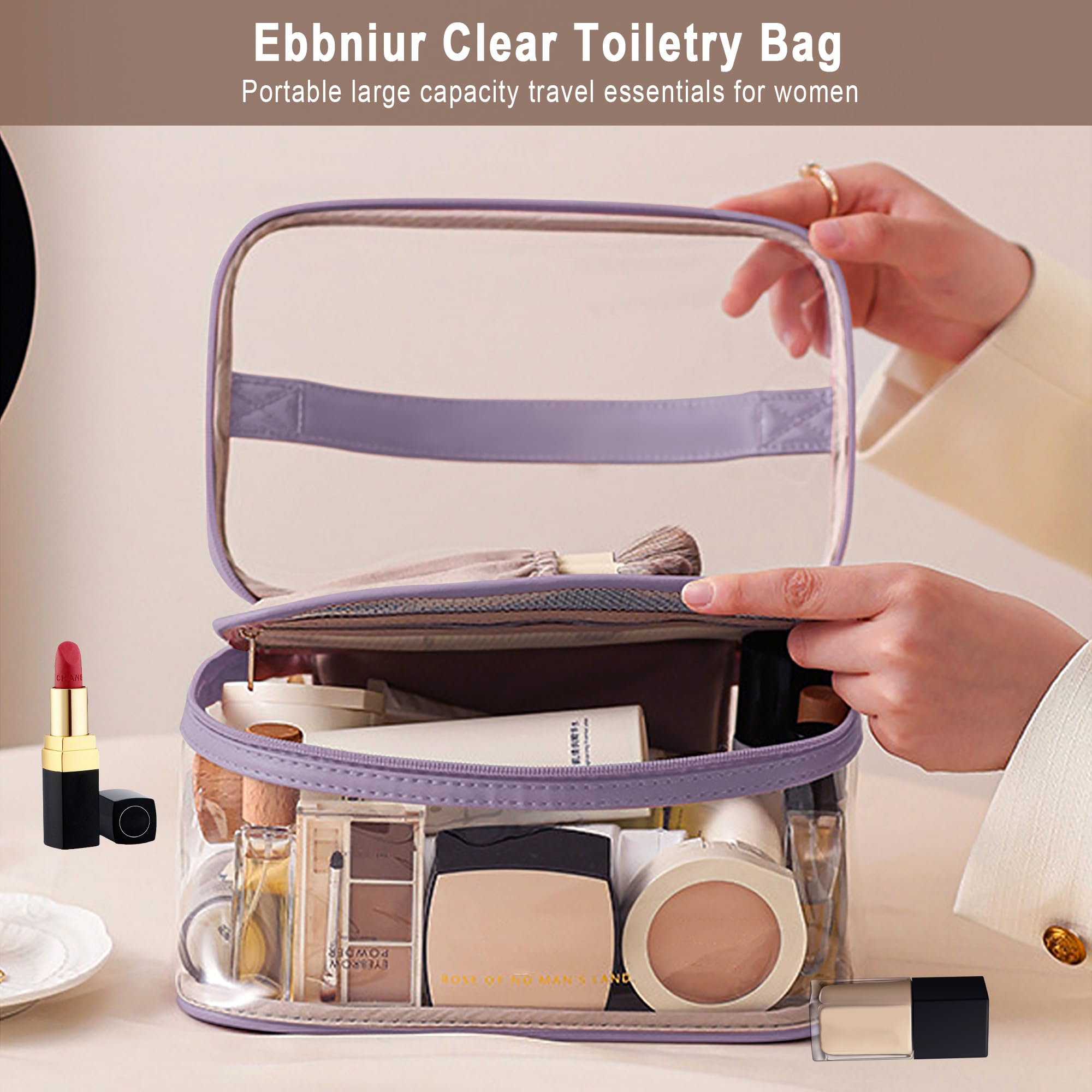 Clear Toiletry Bag for Travel - Large Opening Transparent Makeup Organizer, Portable Waterproof Cosmetic Case with High Capacity | Perfect for Women's Travel Essentials, Gym, Airplane Carry-On & Weekend Getaways (Purple)