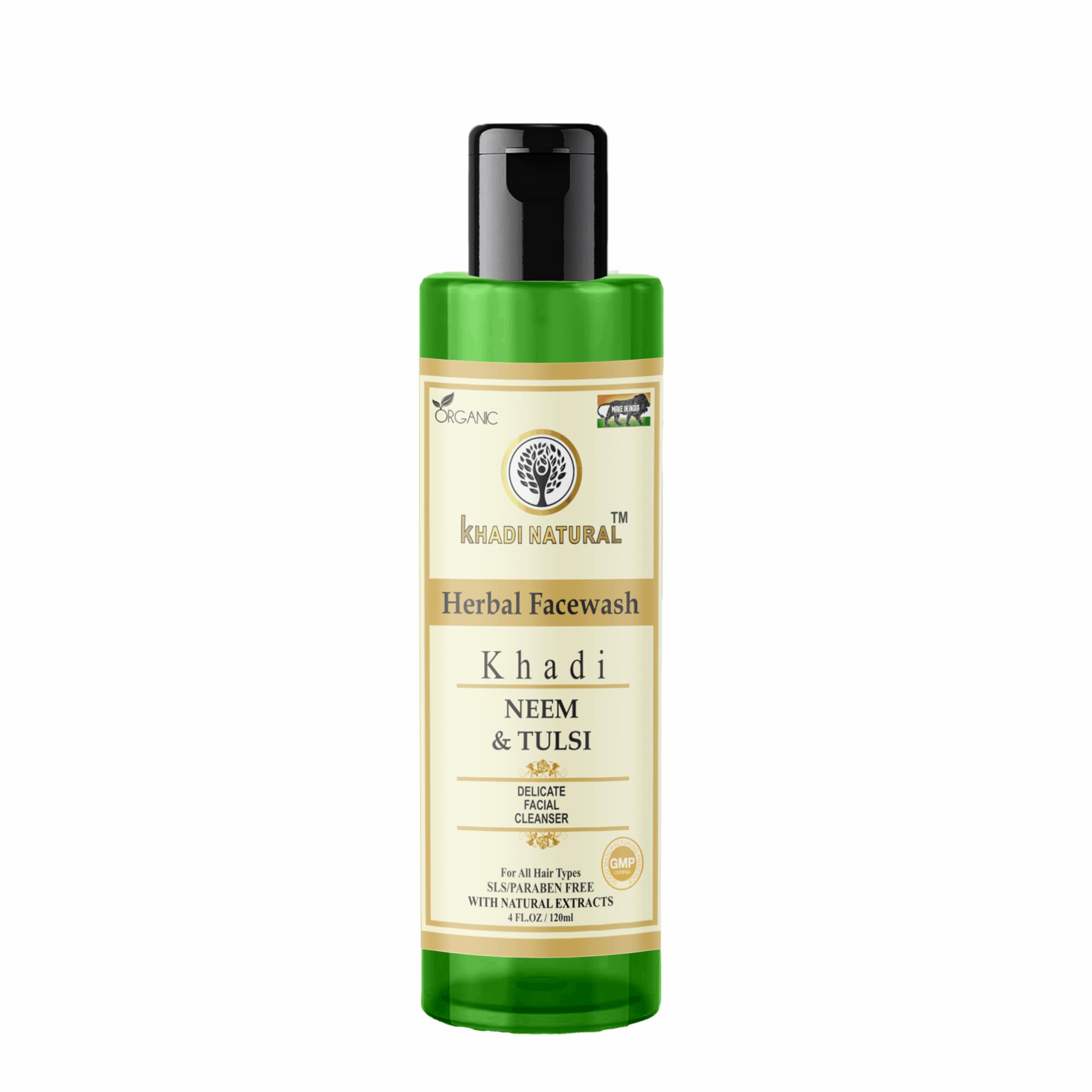 KHADI ORGANIC 100% Natural Neem & Tulsi Face Wash with Aloe Vera Extract - Deep Cleansing, Pimple Treatment, Purifying Facial Cleanser for Acne-Prone Skin - Paraben Free, 120ml - Perfect for Daily Skincare Routine & Travel