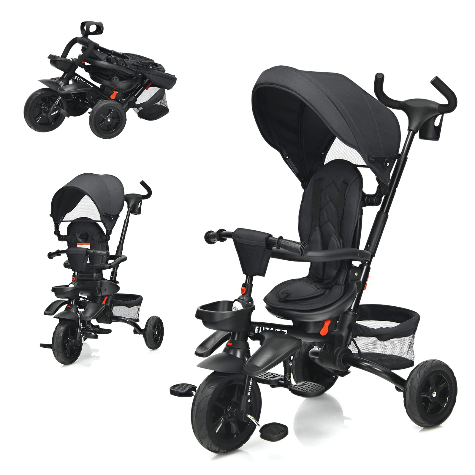 HONEY JOY 7-in-1 Foldable Kids Tricycle with Adjustable Push Handle, Canopy & Rotating Seat - Toddler Push Bike with Cup Holder & Storage Bag for 1-3 Year Olds (Black) | Perfect for Outdoor Play, Park Rides & Learning to Pedal