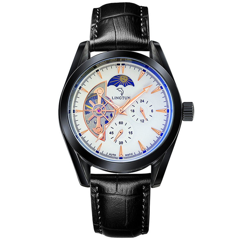 Men's Black Luminous Skeleton Mechanical Watch with Leather Strap - Stylish Casual Dress Watch for Business, Dating & Everyday Wear