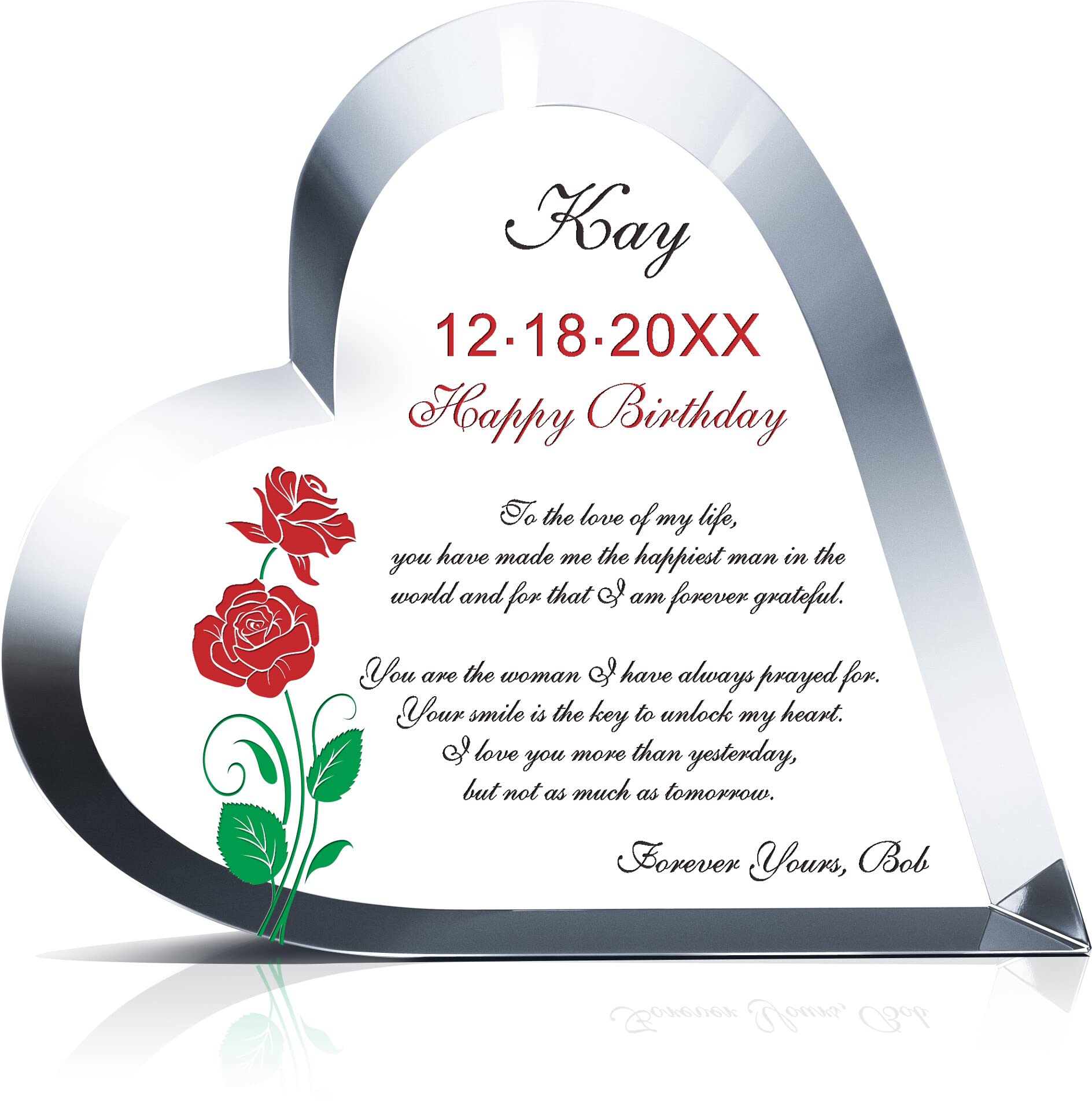 Personalized Crystal Heart Engraved with Love Message - Custom Birthday Gift for Wife, Girlfriend, Anniversary, Christmas - 7.5 Inch Keepsake for Romantic Occasions, Valentine's Day & Special Moments