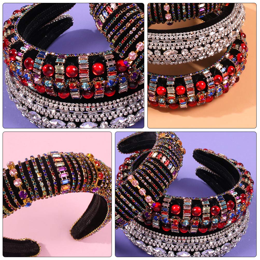 FRCOLOR Black Elastic Hair Band with Full Diamond Design - Stretchy Wide Brim Headband for Women, Pearl-Colored Hair Accessories for Parties, Weddings & Everyday Wear