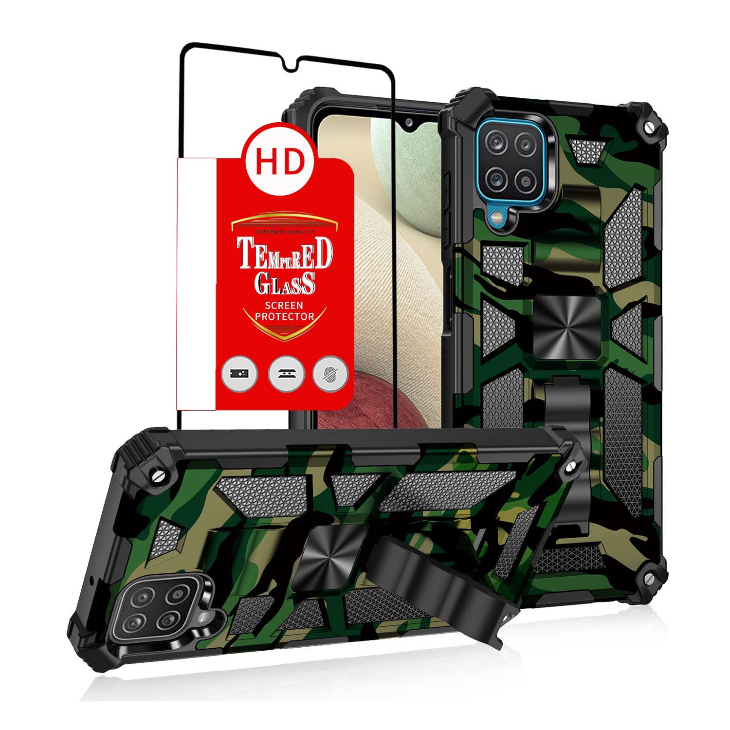 **Military Grade Samsung Galaxy A12 Phone Case with Built-in Screen Protector & Kickstand - Heavy Duty Shockproof Cover in Dark Green, Pink, Blue, Red Camo for Men & Women - Perfect for Outdoor, Work & Daily Use**