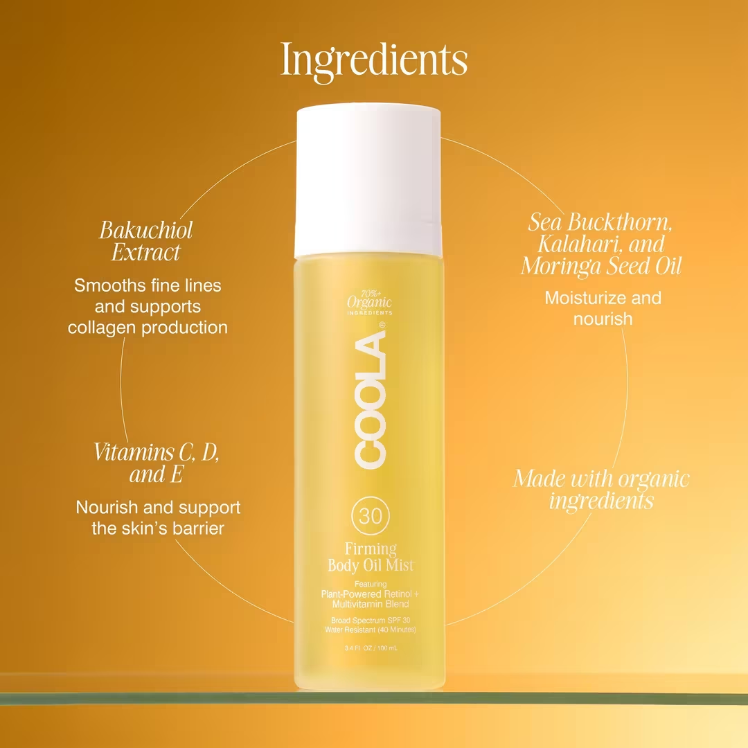 COOLA Firming Body Oil Mist SPF 30 | Organic Sunscreen Moisturizer for Women & Men | Perfect for Beach, Pool & Outdoor Activities